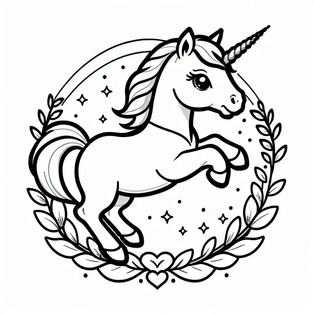 Jumping baby unicorn for kid, Coloring Page, black and white, line art, white background, Simplicity, Ample White Space. The background of the coloring page is plain white to make it easy for young children to color within the lines. The outlines of all the subjects are easy to distinguish, making it simple for kids to color without too much difficulty
