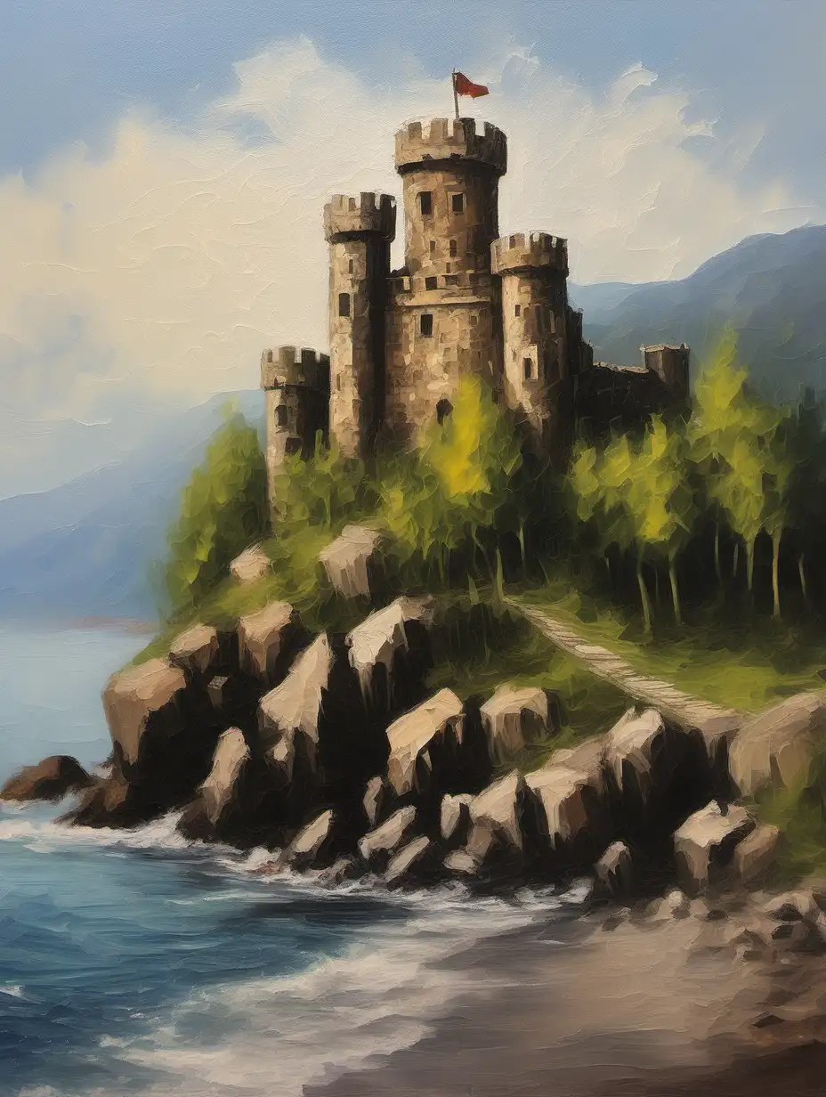 Seaside Stone Castle Painting in Expressive Oils