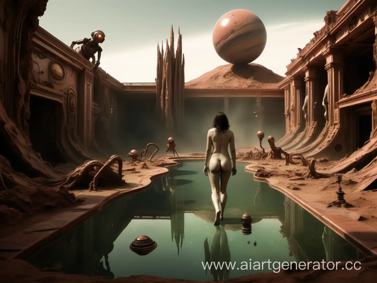 в профиль крупно голый усталый счастливый человек заходит в марсианский бассейн с атмосферой, скульптурами и садами задолго перед глобальным марсианским катаклизмом