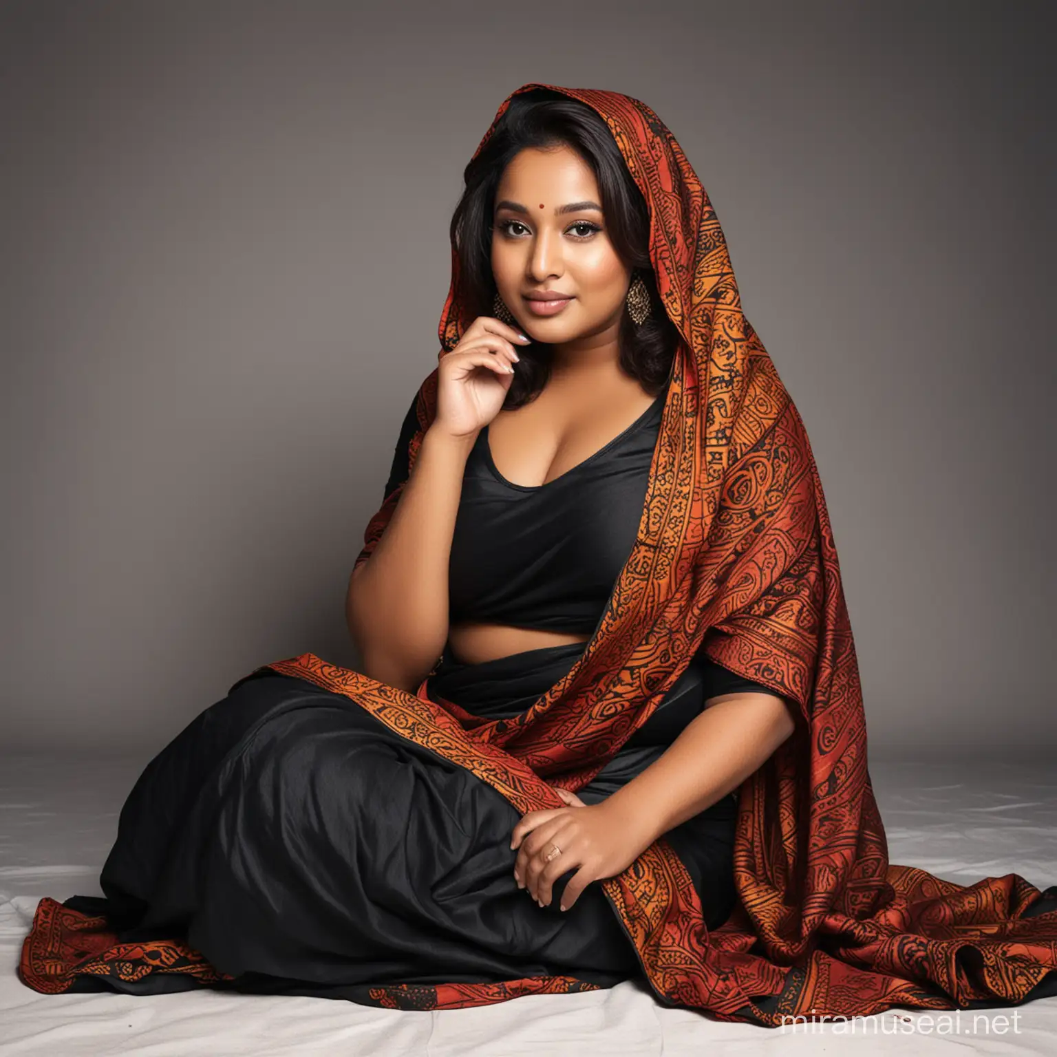 draw an authentic photo of Bangladeshi beautiful plus size black woman wearing Bangladeshi saree with hood and sitting on the floor
