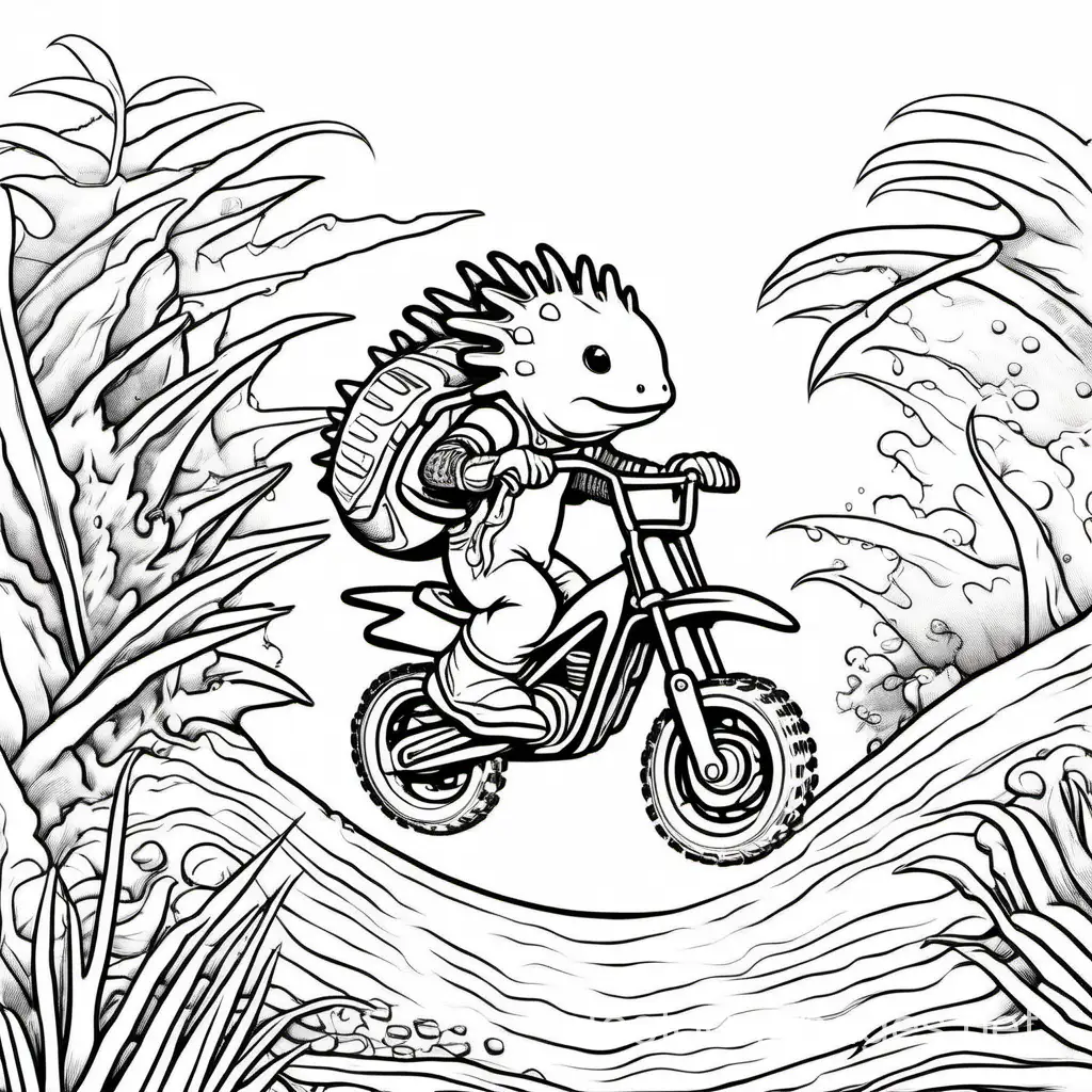 An axolotl riding a dirt bike, Coloring Page, black and white, line art, white background, Simplicity, Ample White Space. The background of the coloring page is plain white to make it easy for young children to color within the lines. The outlines of all the subjects are easy to distinguish, making it simple for kids to color without too much difficulty