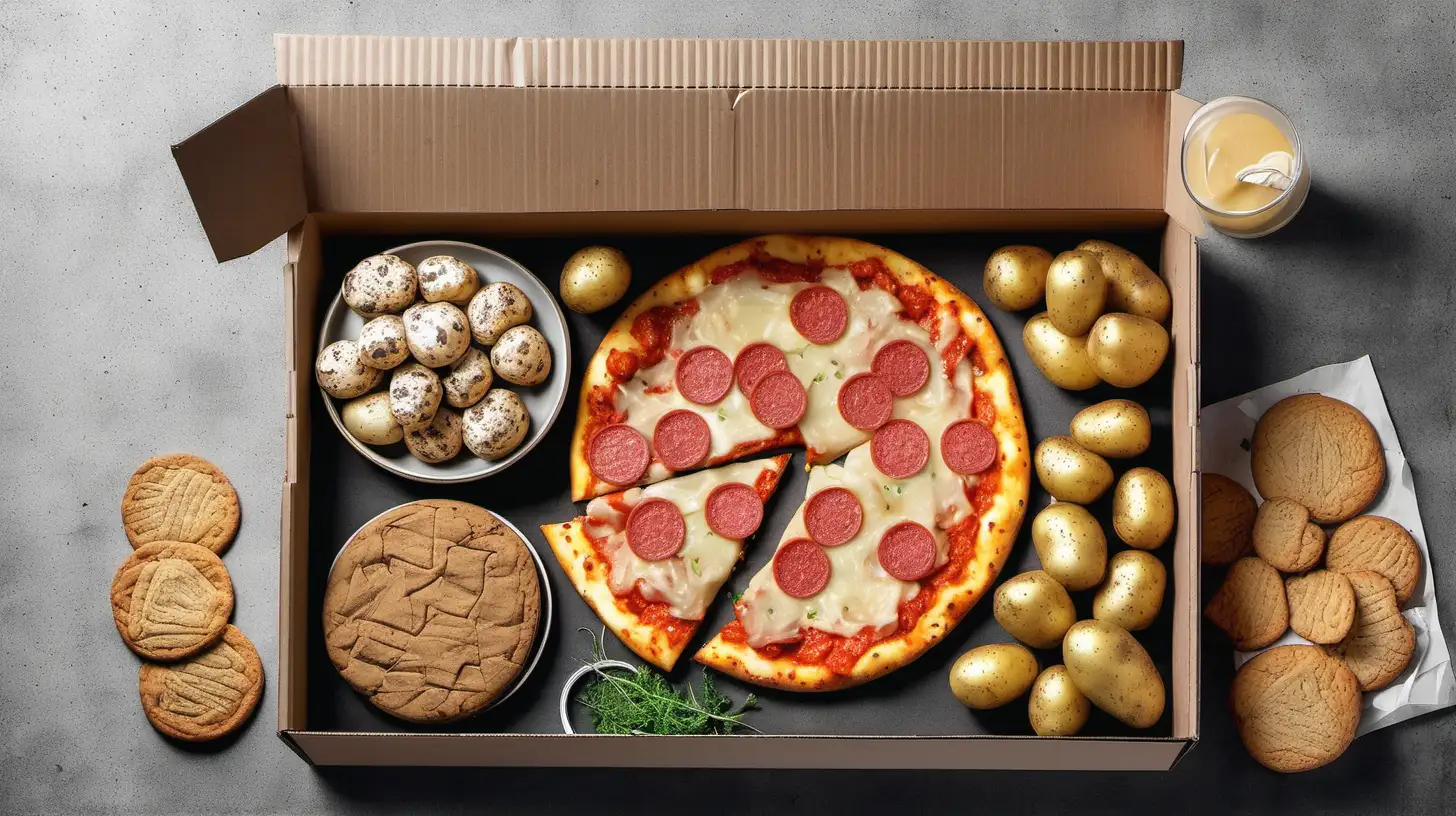 A box with potatoes, cookies and pizza