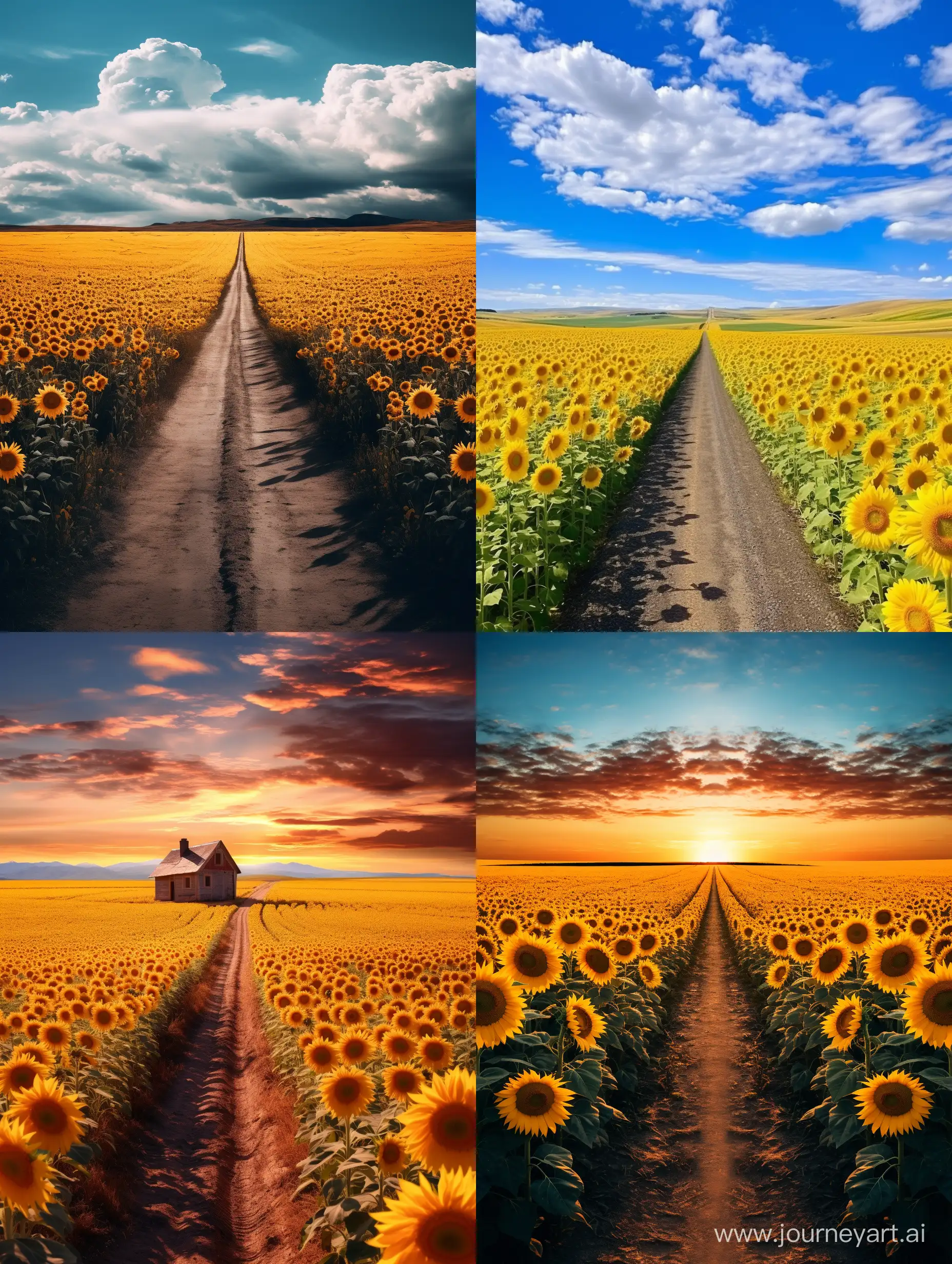 flat road and a field of sunflowers on both sides