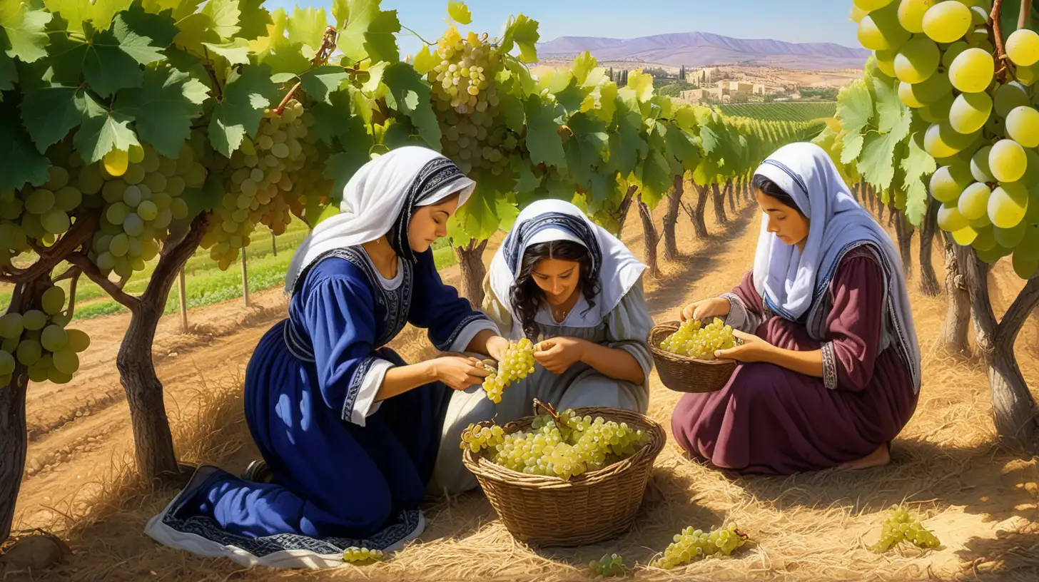 un pauvre homme hébreu qui cuille des petites grappes de raisins, deux pauvres femmes hébreux qui s'agenouillent pour  cueillir des petites grappes de raisins, époque biblique, journée ensoleillée, autour d'eux de très belles vignes avec beaucoup de belles grappes de raisins