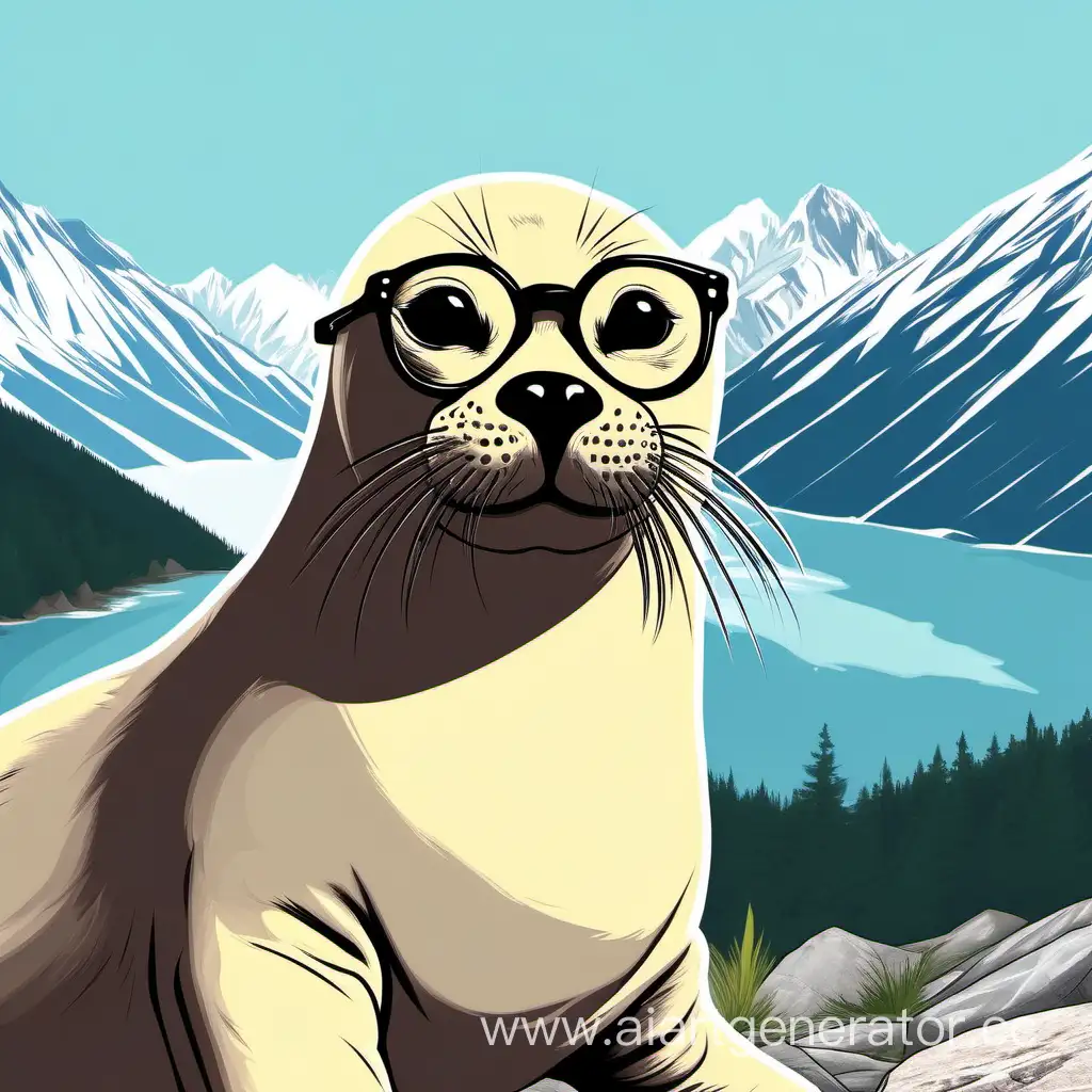 Тюлень в очках на фоне гор