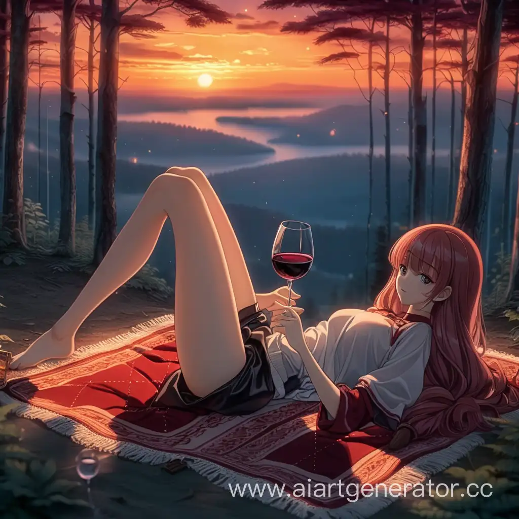 лес закат ноги девушки на пледе в руках бокал красного вина аниме