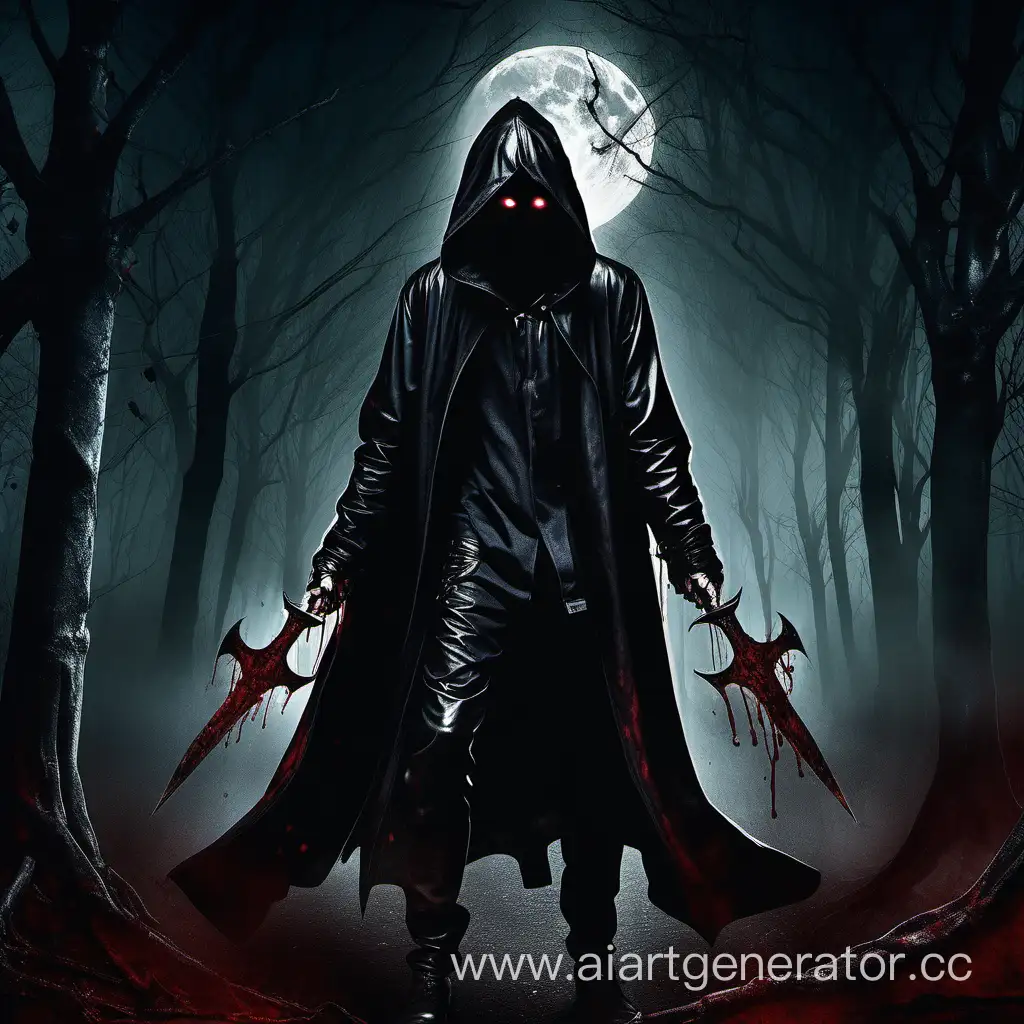 Mysterious-Figure-in-Black-Leather-Holding-Bloodied-Dagger-in-Moonlit-Forest