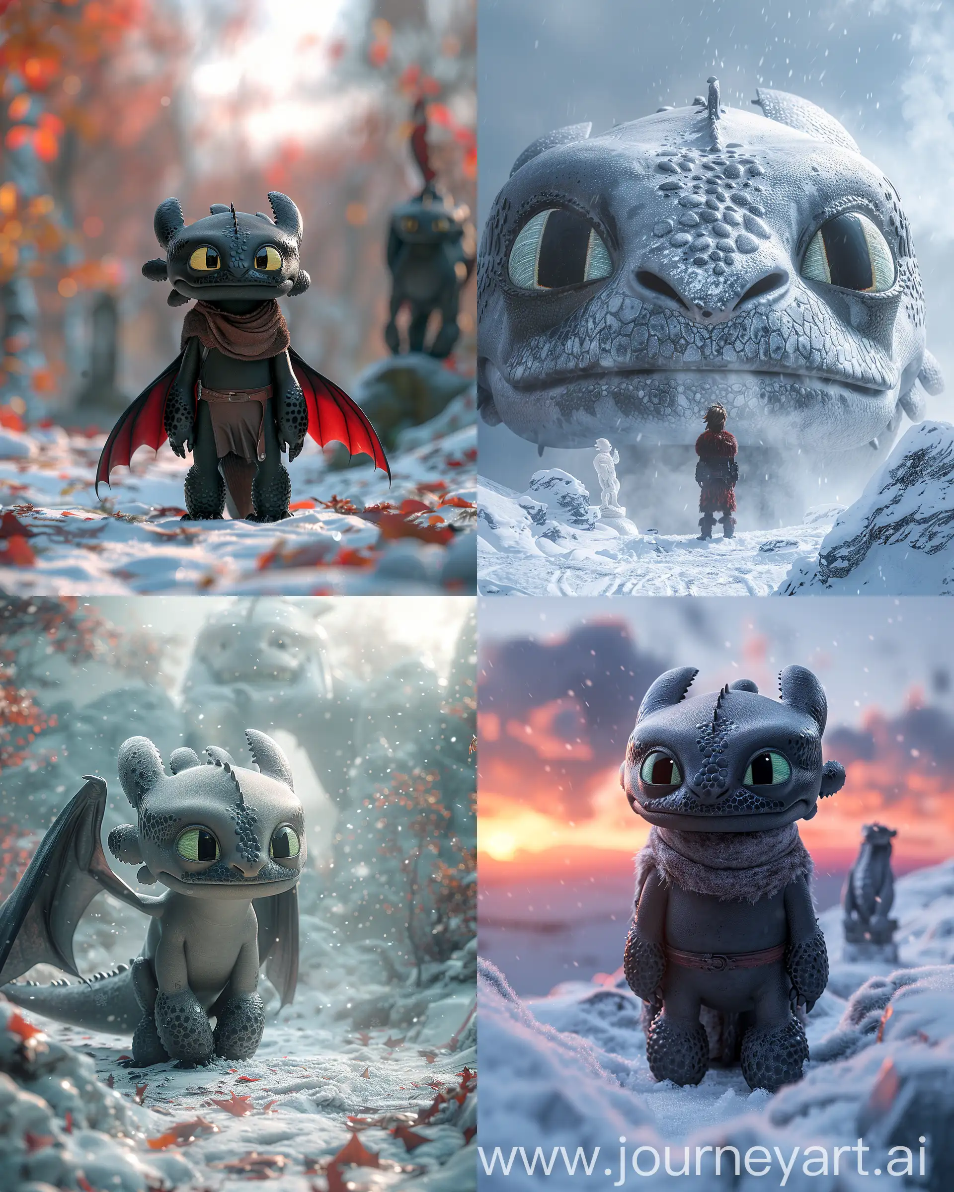 Wide view of toothless from how to train your dragon standing wondering in the middle on snow facing a statue of toothless 32k uhd --ar 4:5 --s 750 --v 6.0 --style raw