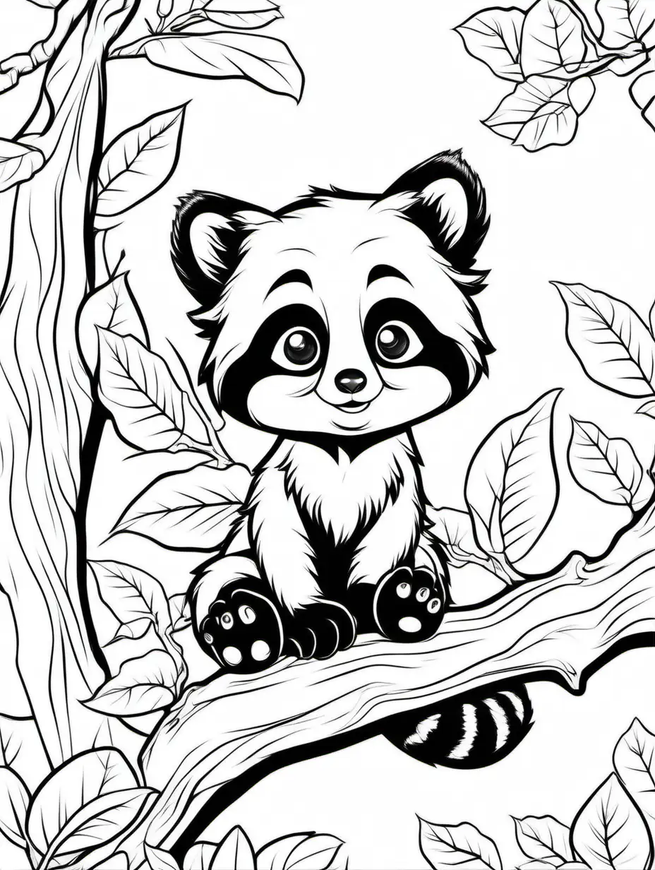 Coloring book, cartoon drawing, clean black and white, single line, in center of aspect ratio 9:16, white background, cute red panda cub sitting on a tree branch, with a butterfly landing on its paw.