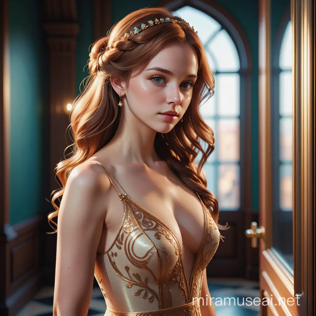masterpiece, realistic photo of a young Caucasian woman,  her hair is very long of a wonderful coppery gold.((photographic, photo, photogenic))), extremely high quality high detail RAW color photo, wedding dreamscape, beauty, luxury, golden tones, glass textures, 3D mirror symmetry, ultra-photorealistic colors, Unreal Engine composition, cinematic color grading, ultra wide angle, deep depth of field, beautifully colorful, intricate details, Unreal Engine lighting, cinematic studio lighting, soft volumetric lighting, global illumination, screen space reflections, chromatic aberration, ray tracing ambient occlusion, FKAA anti-aliasing, OpenGL-Shaders, post-production finesse, CGI elegance, hyperrealism, super detailed dynamics, elegant photorealistic wedding, editorial photography style, ProPhoto RGB color space, half-moon and backlighting, ambient cinematic daylight, high dynamic range, tilt-shift blur effect, 32k super resolution, volumetric accent lighting, photorealistic optics and s