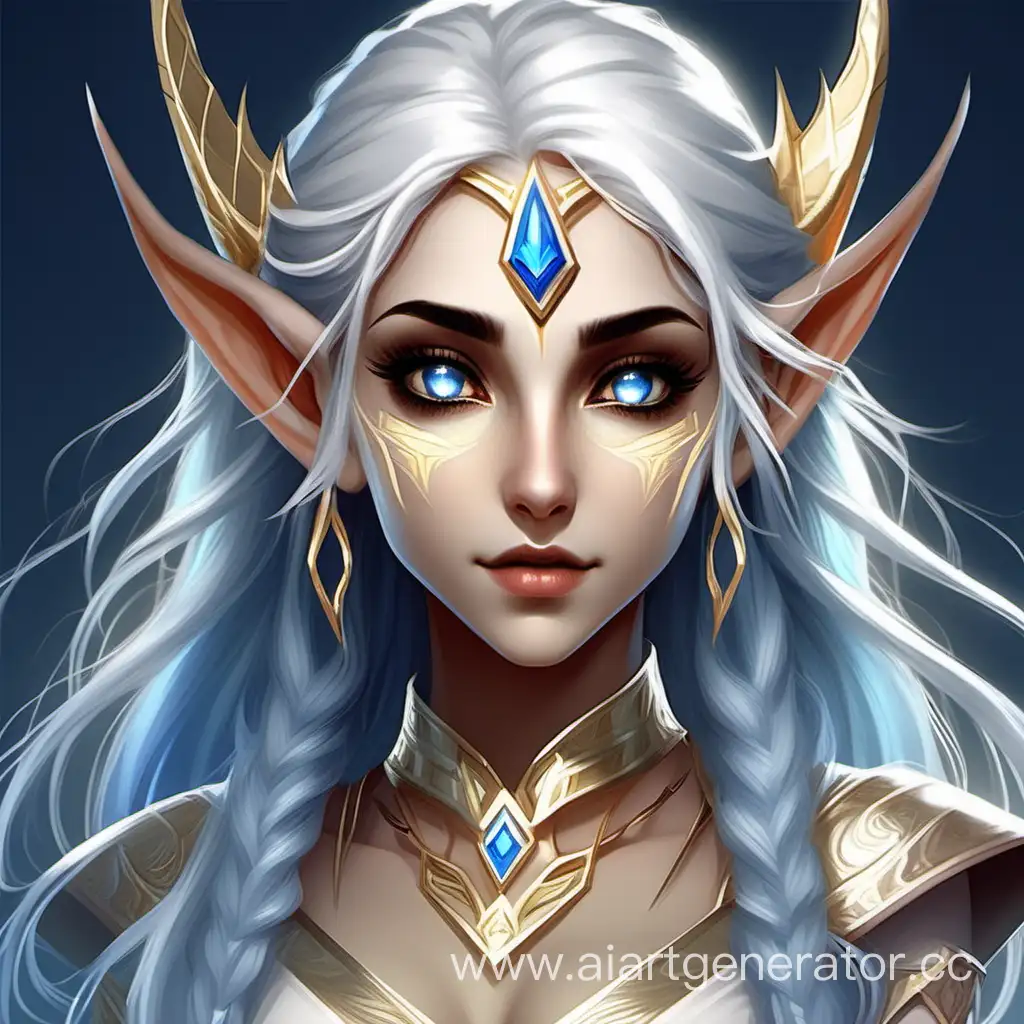 An elf girl with straight silver hair with a blue sheen, golden eyes with vertical pupils, sharp fangs, a white Greek-style dress, pointed elf ears with shiny golden scales on the tips of the ears.