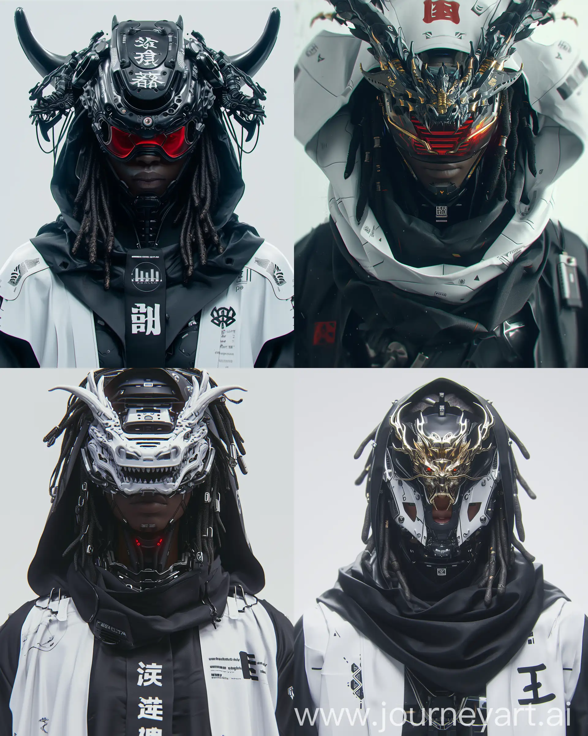 close up of a person wearing a Japanese dragon helmet, cyberpunk art, cgsociety contest winner, afrofuturism, all black cyberpunk clothes, wearing sci - fi cloak with hood, 3 d character concept, photograph of a techwear woman, male cyborg military commander, cybernetic dreadlocks, full body cgsociety, in white futuristic armor, minimal design armor style, zaha hadid octane highly render  --niji 6 --style raw --s 750 --ar 4:5