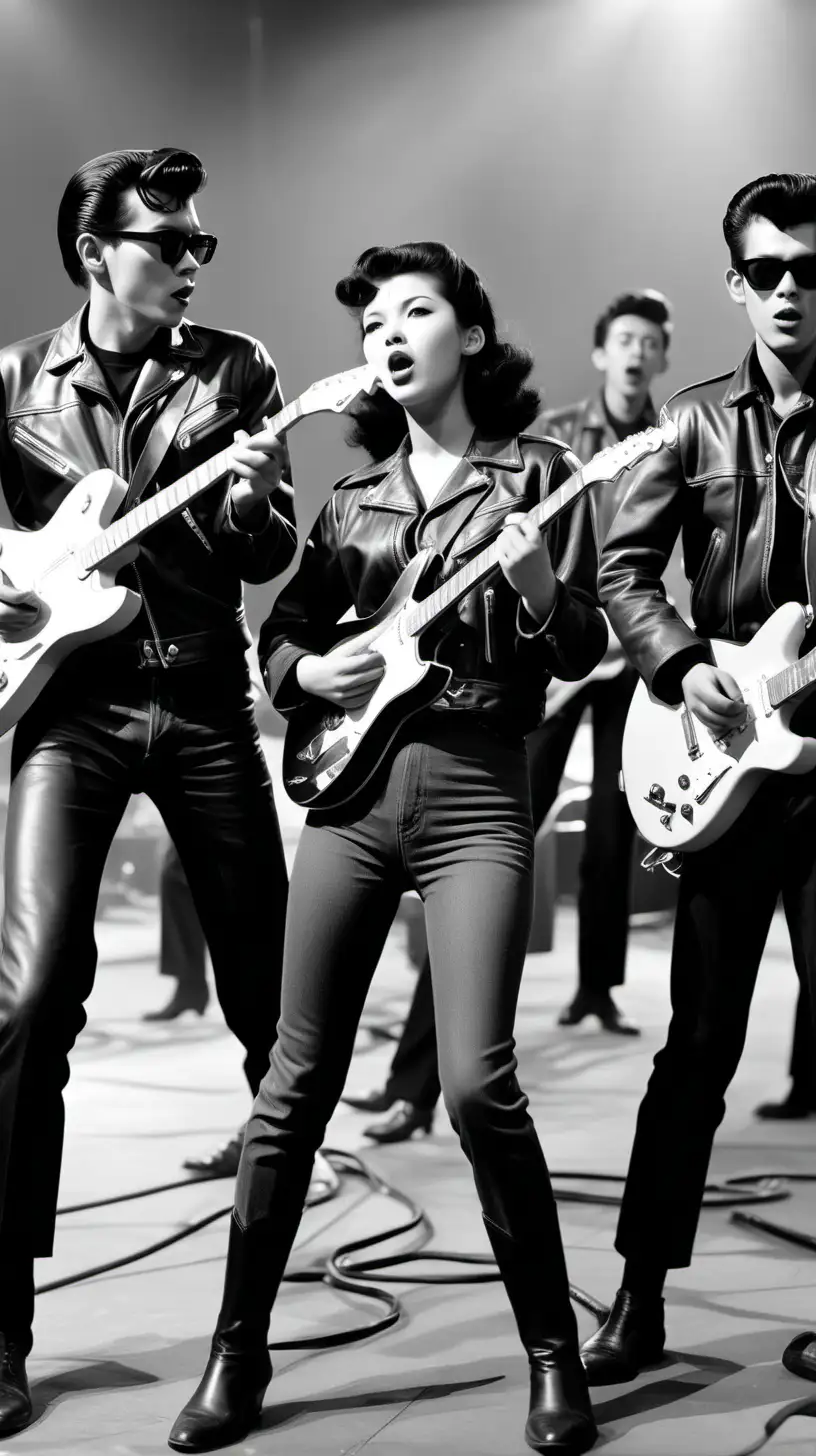 Experience the rebellious spirit of the 1950s and 60s in an image featuring a rock 'n' roll concert. Youthful energy, leather jackets, and classic guitars set the stage for a dynamic scene, capturing the essence of the era's cultural revolution. 1950s, 1960s, rebellious spirit, rock 'n' roll concert, youthful energy, leather jackets, classic guitars, cultural revolution.
