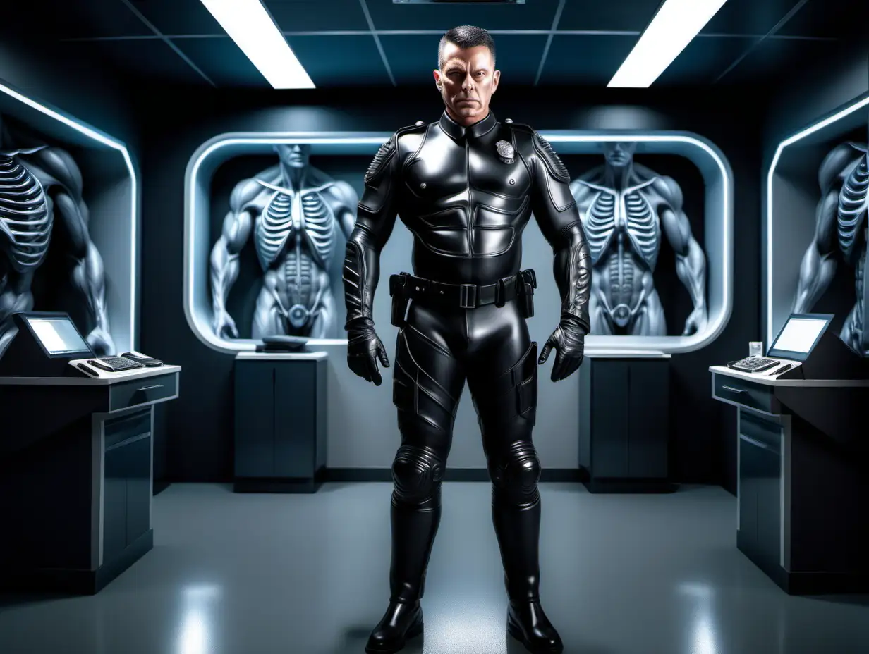 Futuristic Motorcycle Officer in Tight Black Rubber Uniform in HighTech Medical Room