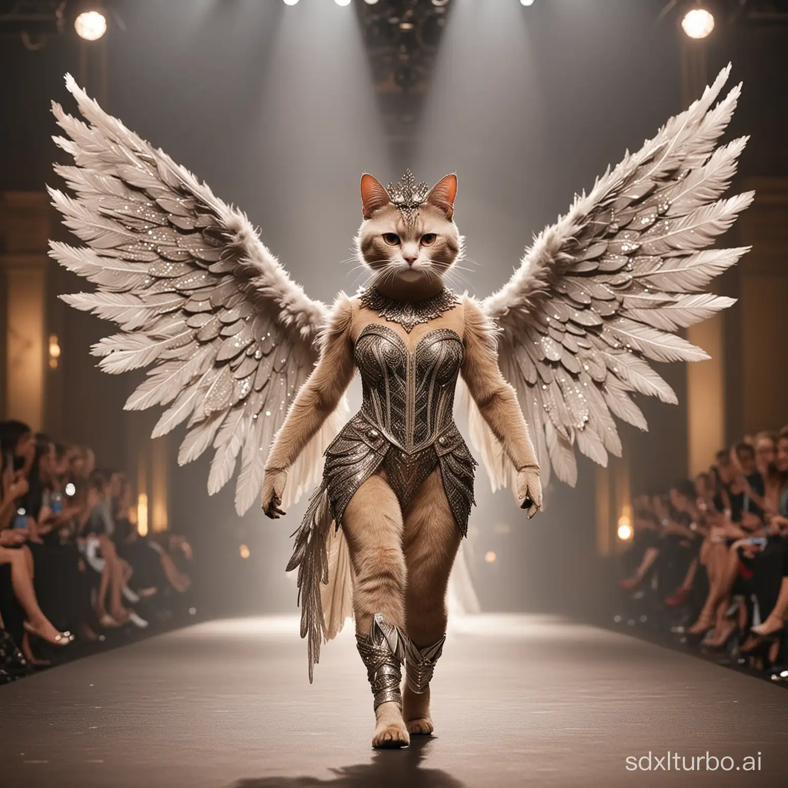 A grand entrance on the runway at a cat-themed fashion show, featuring an anthropomorphic cat model. This scene showcases the first cat model striding confidently down the runway. She is wearing an extravagant, glittering outfit and majestic wings that sparkle under the runway lights. The model's attire is a blend of high fashion and fantasy, making a bold statement. Her expression is confident and poised. The image should capture the glamour and elegance of the moment, with a focus on the intricate details of her outfit and wings. This image is vertical, optimized for mobile viewing, with a shallow depth of field focusing on the model.