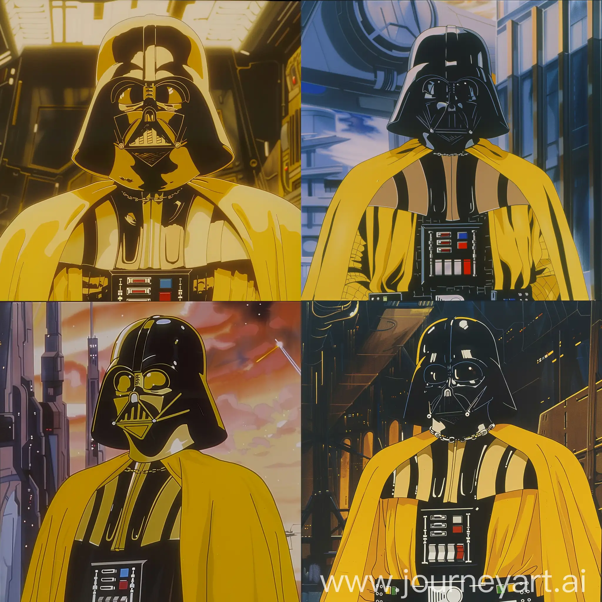 Darth Vader portrait in anime genre film, dvd screenshot from anime film, yellow costume and 80s anime film composition --ar 1:1 --no 63224