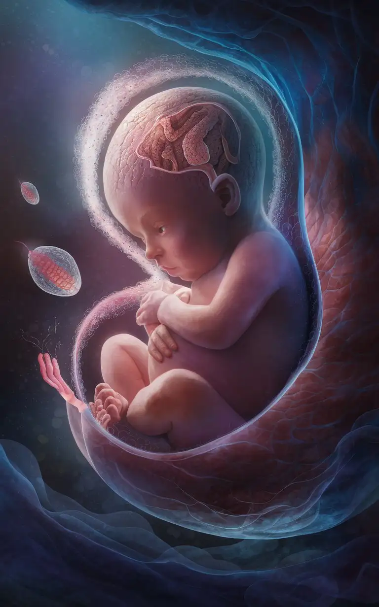 Embark on a mesmerizing journey through the earliest stages of life with a captivating depiction of the baby's development in the mother's womb. In this artwork, evoke the awe-inspiring beauty and wonder of new life as you illustrate the first month of pregnancy, several important structures form. These structures are a tiny clump of cells, but will grow to become the amniotic sac, placenta and umbilical cord. A tube that becomes the fetus's brain and spinal cord forms, as well as its circulatory system

With meticulous attention to detail and scientific accuracy, bring to life the subtle changes occurring within the womb during the first month of pregnancy. Utilize soft hues and gentle textures to represent the tender beginnings of this miraculous journey.

Employ the expertise of renowned medical illustrators to ensure anatomical precision and authenticity in portraying the growing embryo. Let the image radiate warmth, hope, and anticipation as it captures the profound significance of this initial stage of pregnancy.

Key Elements:

Detailed depiction of the developing embryo in the mother's womb
Soft, muted color palette to convey the delicacy of early pregnancy
Scientific accuracy and anatomical precision
Emphasis on the miraculous nature of new life
Warmth, hope, and anticipation infused into the artwork
Artistic Style: Realistic medical illustration with a touch of warmth and emotion