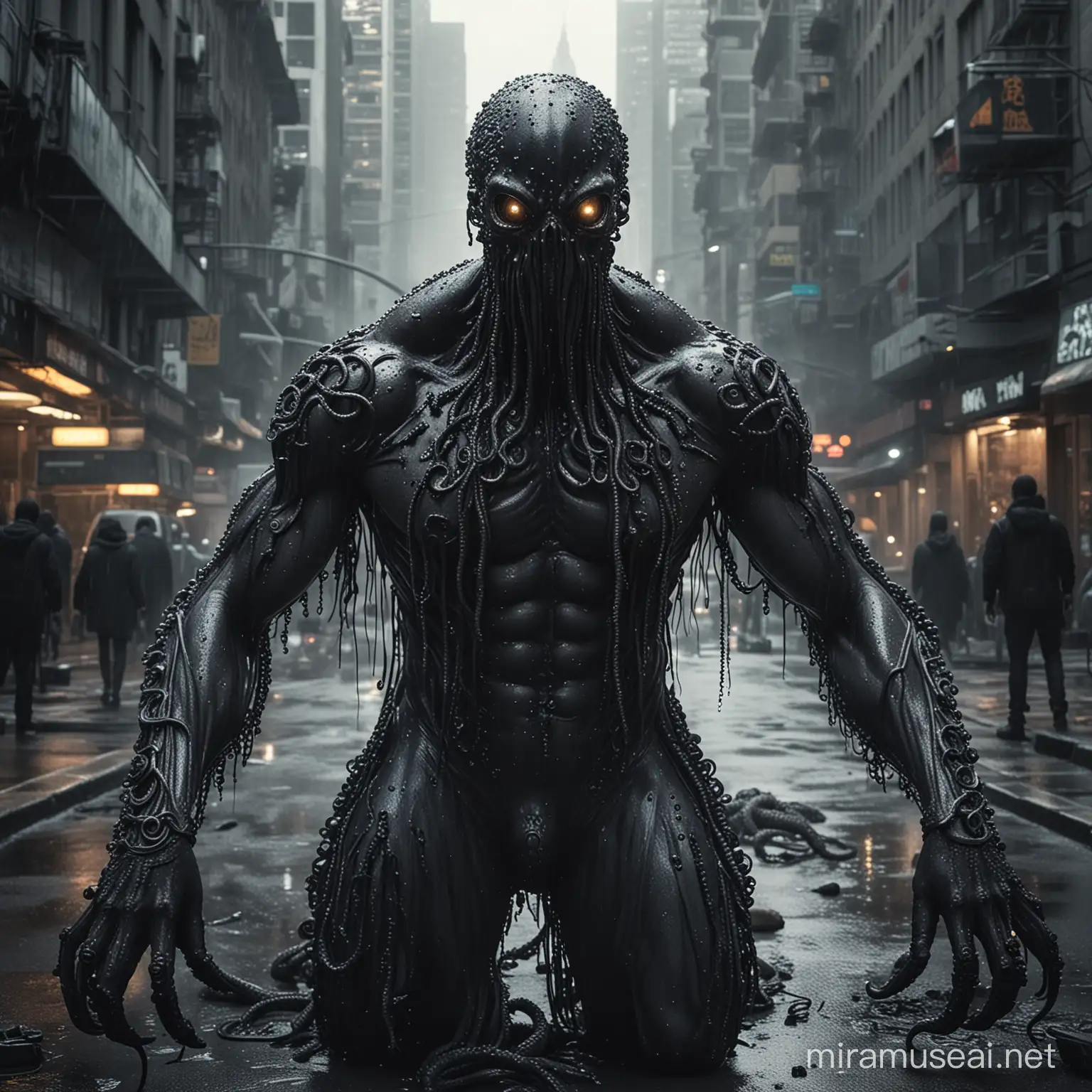 Full shot of Enormous black pearl man melting on a busy city street with futuristic elements, transformed into a terrifying creature with octopus tentacle elements on the body, intricate details, surreal, fantasy, dynamic composition, cinematic urban environment, pearl texture, ethereal atmosphere, character design by giger, 4k resolution, street photography style, sigma 85mm f/8 lens, with dramatic lighting effects, darker and more mysterious, with a rusted car wreck nearby
