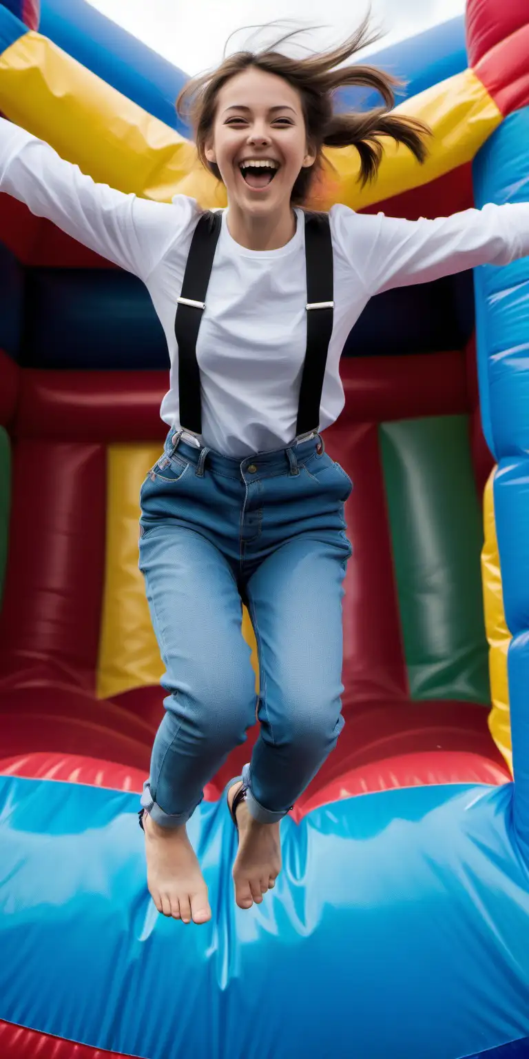 Energetic Woman Joyfully Bouncing on Colorful Bouncy Castle