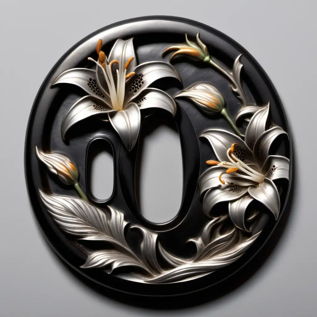 Exquisite Silver Lily Shakudo Tsuba Artwork