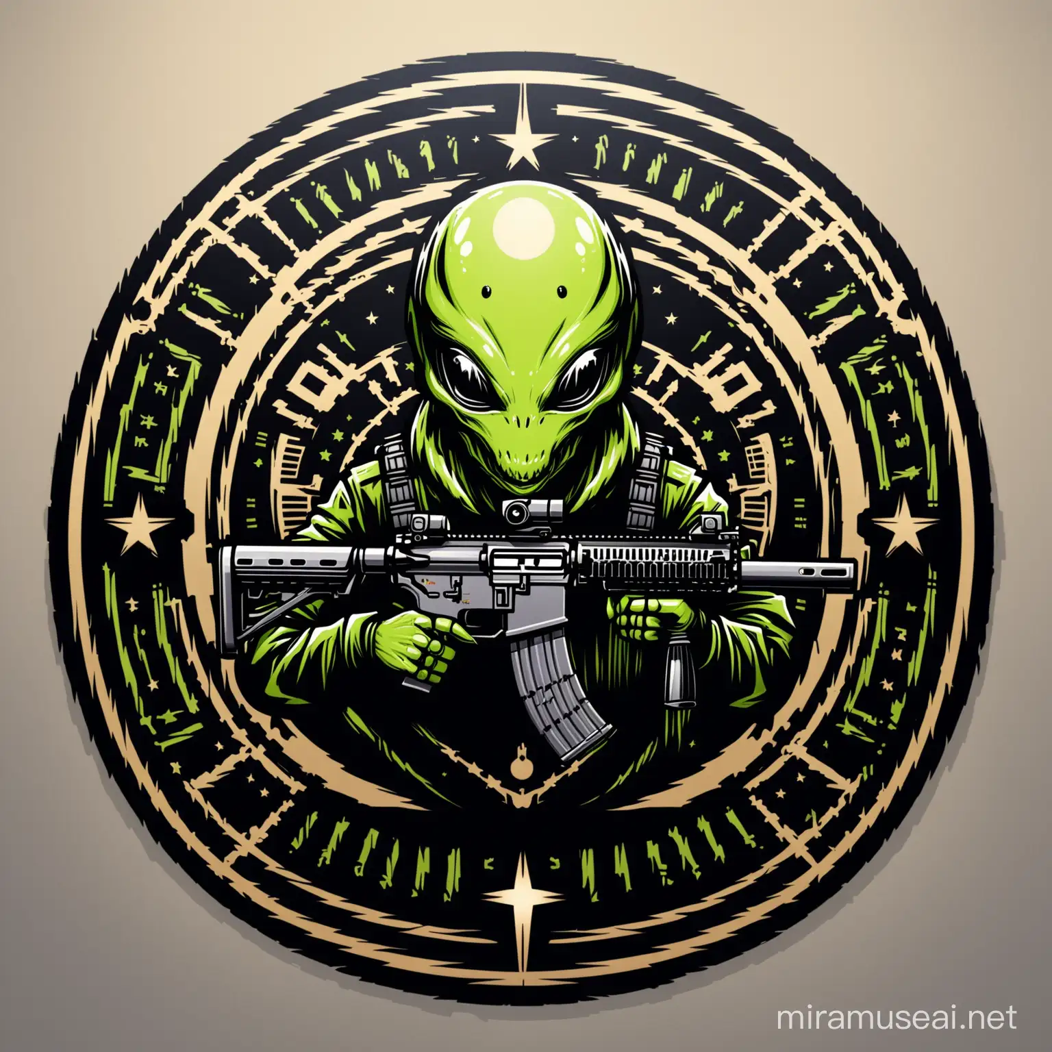 Circular Emblem of an Alien Armed with an AR15