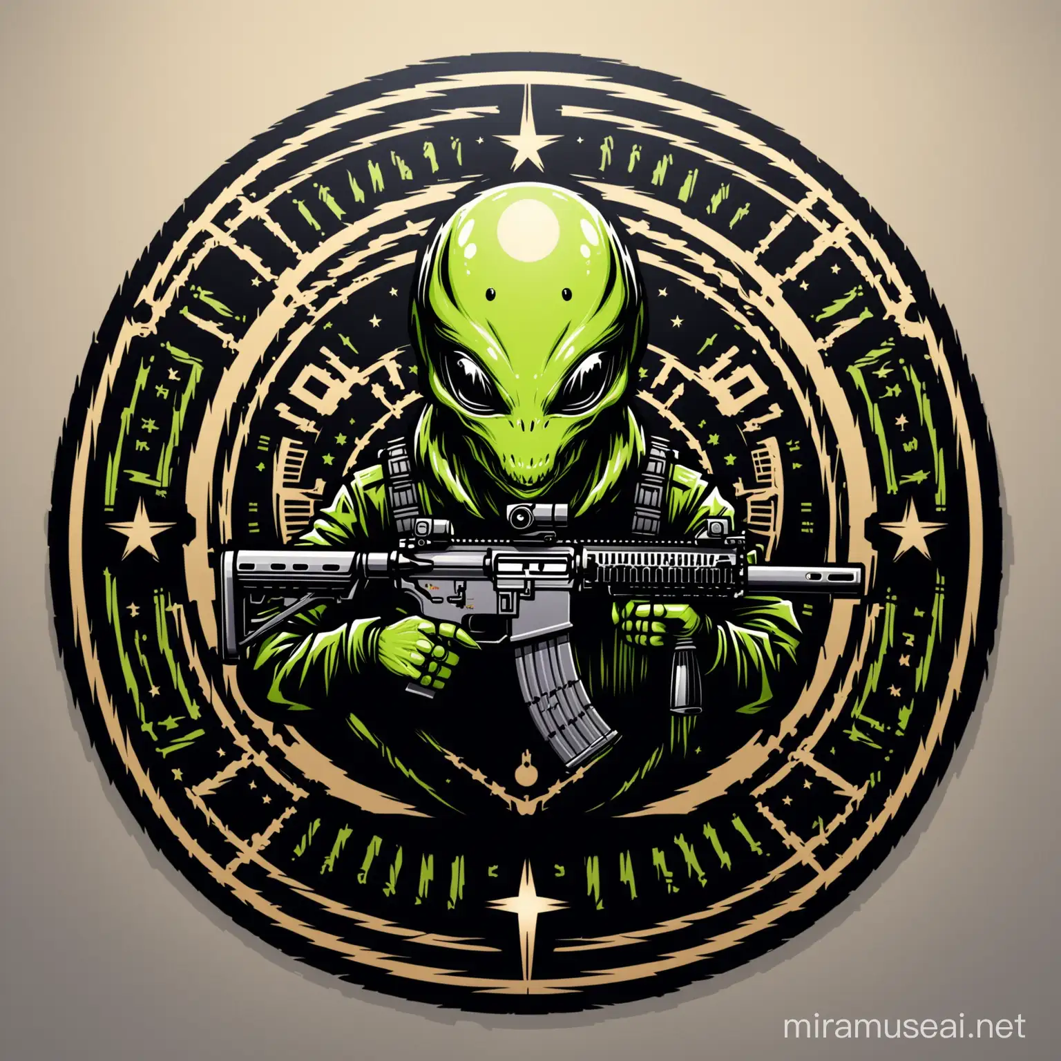 create a circular emblem consisting of an alien with an ar-15