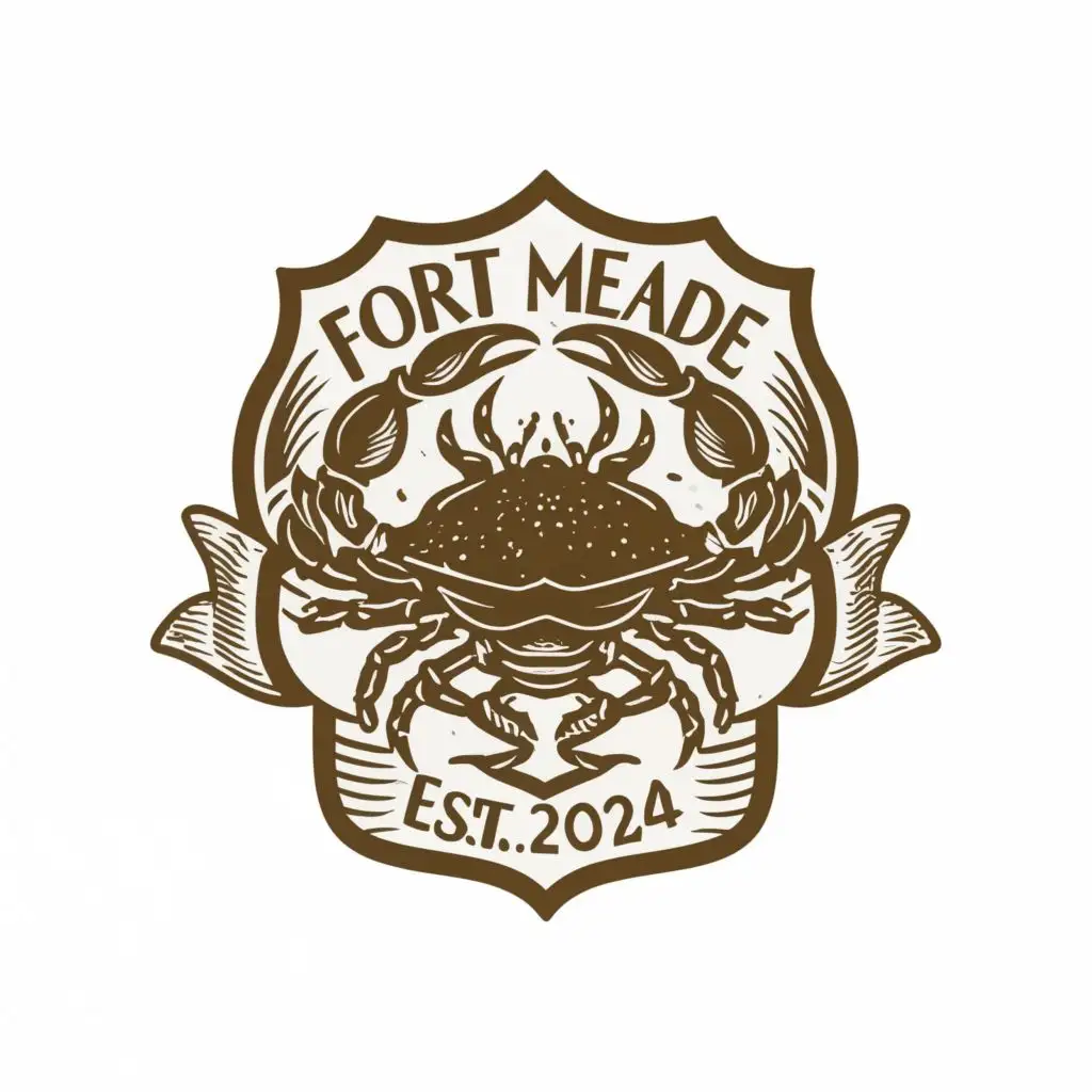 logo, logo, classic historic vintage shield, crab, ribbon ,est.2024,  natural outline, with the text "Fort Meade Seafood", typography, be used in Restaurant industry