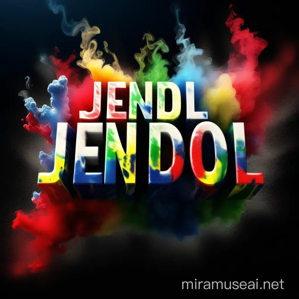 create a vivid 4K Metallic name title "JENDOL MAN" spelled correctly in white pearlescent block font surrounded in RED, GREEN, WHITE, YELLOW and navy-BLUE smoke, colorful splashes of color, metallic name “my sister's keeper” floating on a black background.