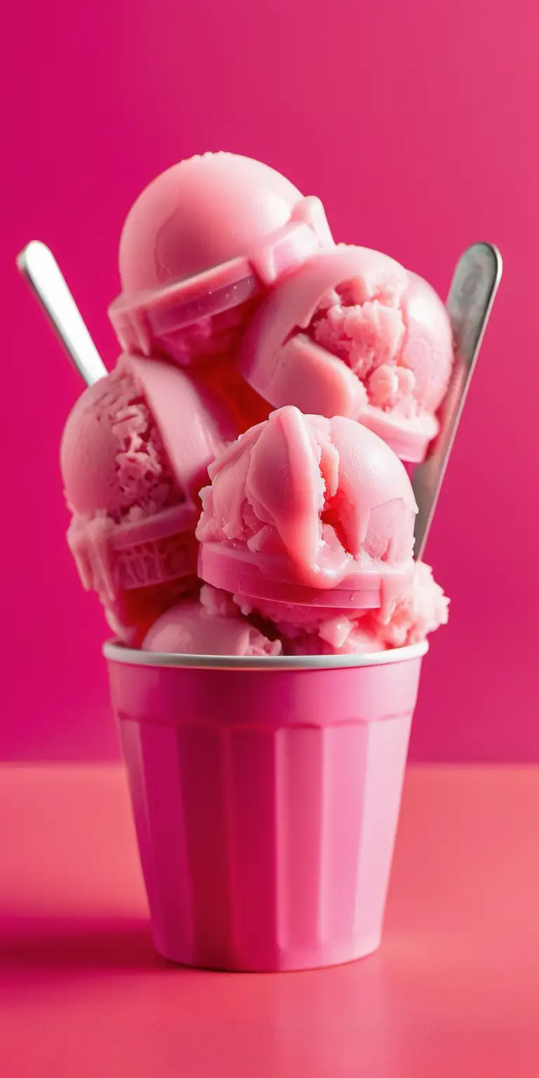 Delicious Pink Italian Ice Scoops in a Cup on a Vibrant Pink Background