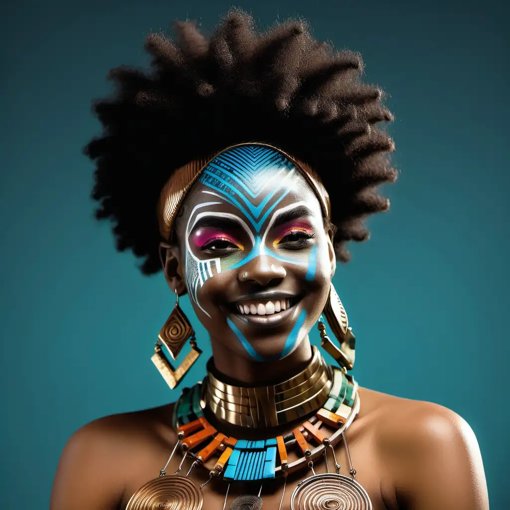 smiling afro futuristic woman with african jewellery and face paint