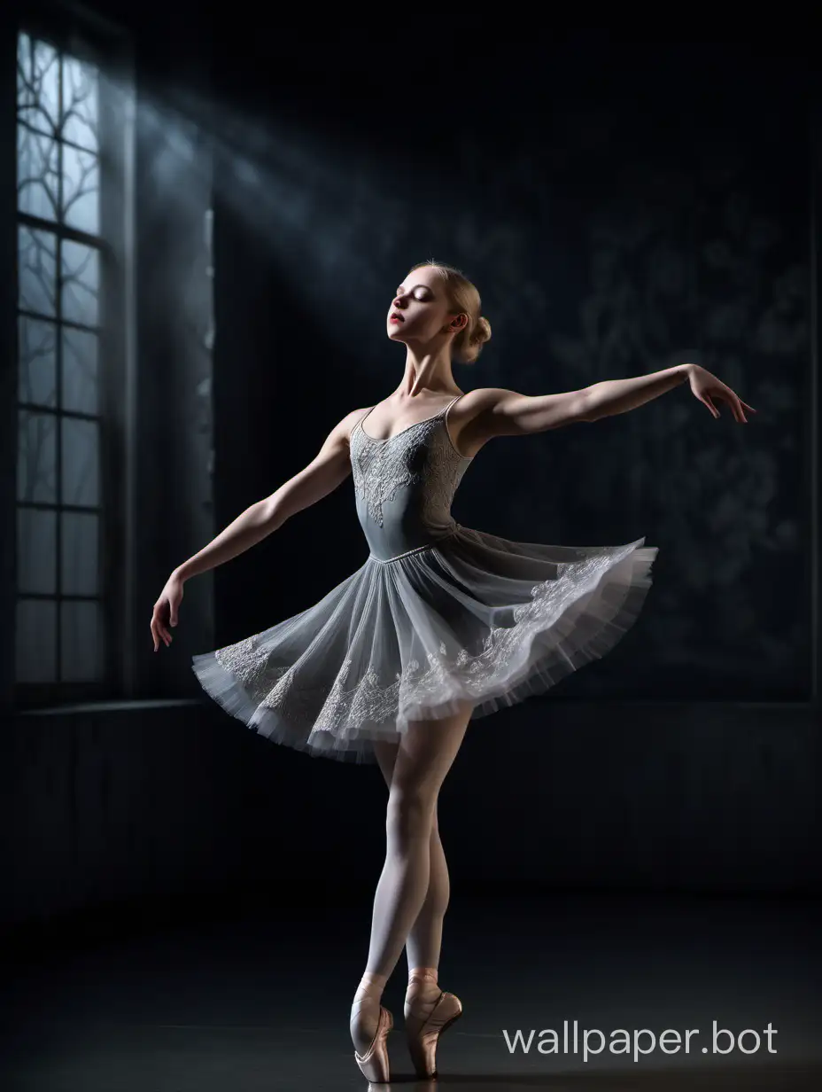 A poetic and visually captivating scene. The image shows a beautiful blonde Russian ballerina, with medium breasts and delicate makeup, clear eyes, wearing a gray lace dress (the dress has petal designs and a short skirt). She is dancing ballet alone in a dark room, illuminated by the moonlight coming through a large window. The ballet slippers she wears are white, which highlights her figure and angelic face. This description transports us to a magical and romantic atmosphere, where the dancer is in the center of the room, expressing her art and grace through dance. The combination of the darkness of the room, the moonlight, and the elegance of the dancer creates a visually striking and beautiful image.