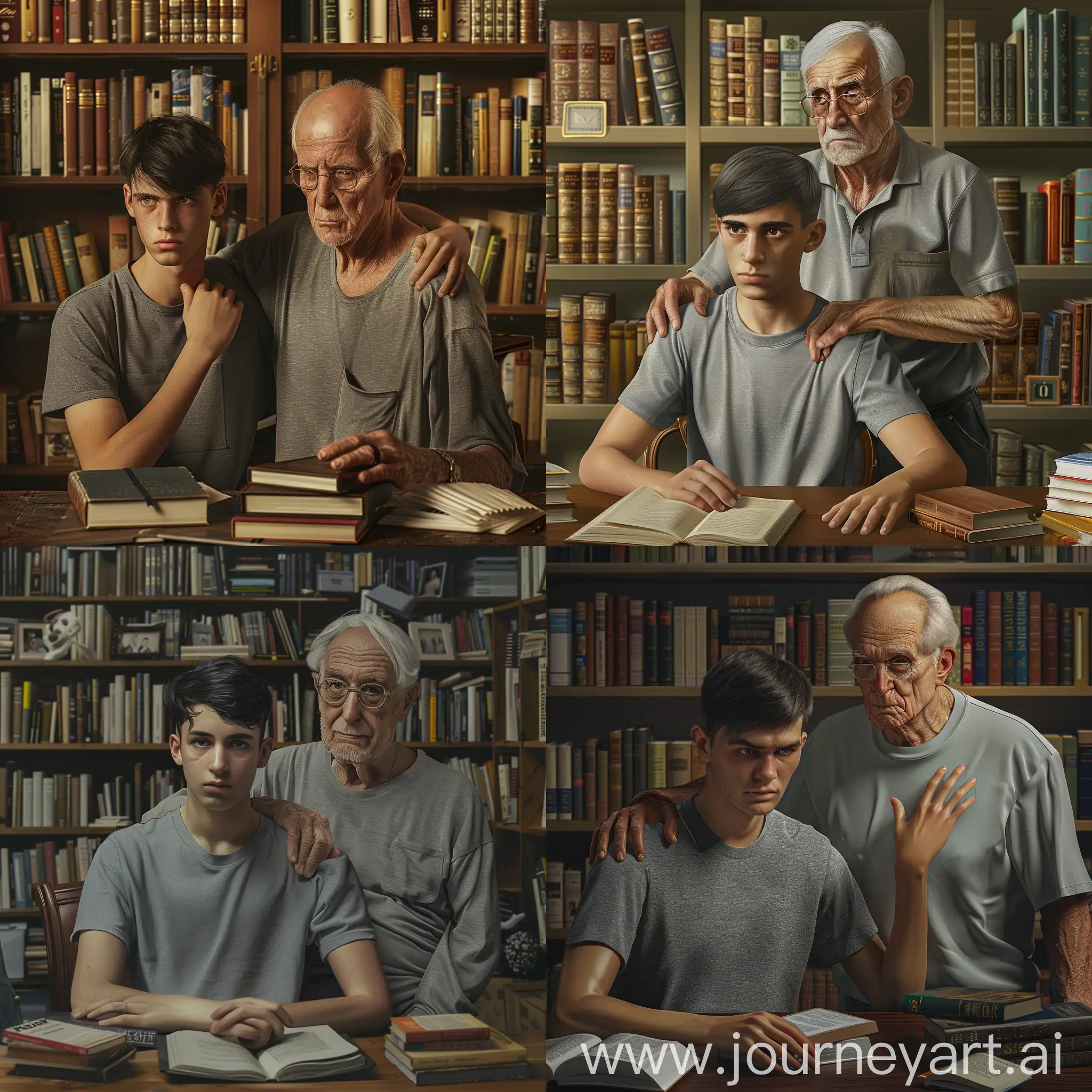 A young man is sitting at the table, dark hair, hands are on the table, there are books on the table, the man has a short haircut, slight unshaven, gray T-shirt. Next to a man stands a grandfather, wrinkles, no beard, blond hair, thick glasses, put his hand on the shoulder of a man in a gray t-shirt, bookstore, hyper-realism, 8K image quality, ultra detail 