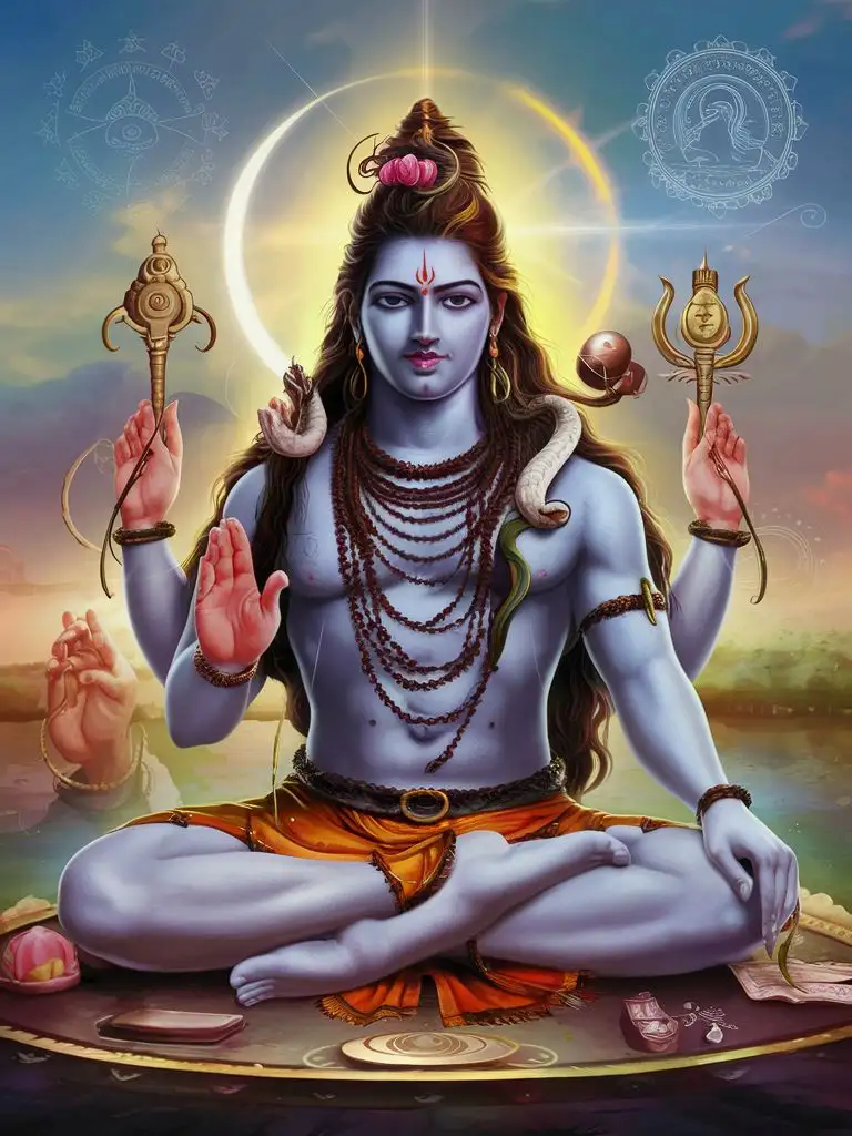 Craft an image showcasing the glory of Lord Shiva, depicting his powers, meditation, and divine attributes.
