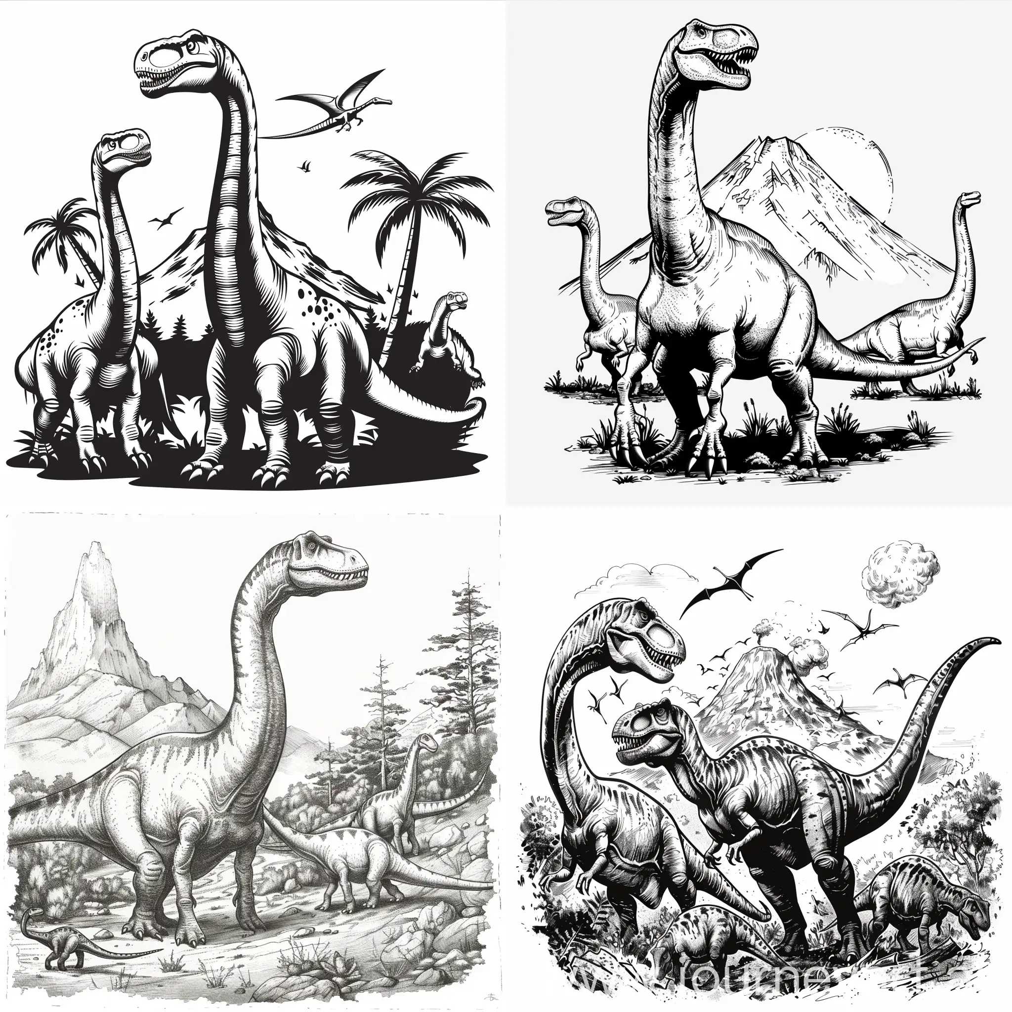 black and white multiple dinasaur with a mountain behind it, no shades. simplified drawing and simplified details. 