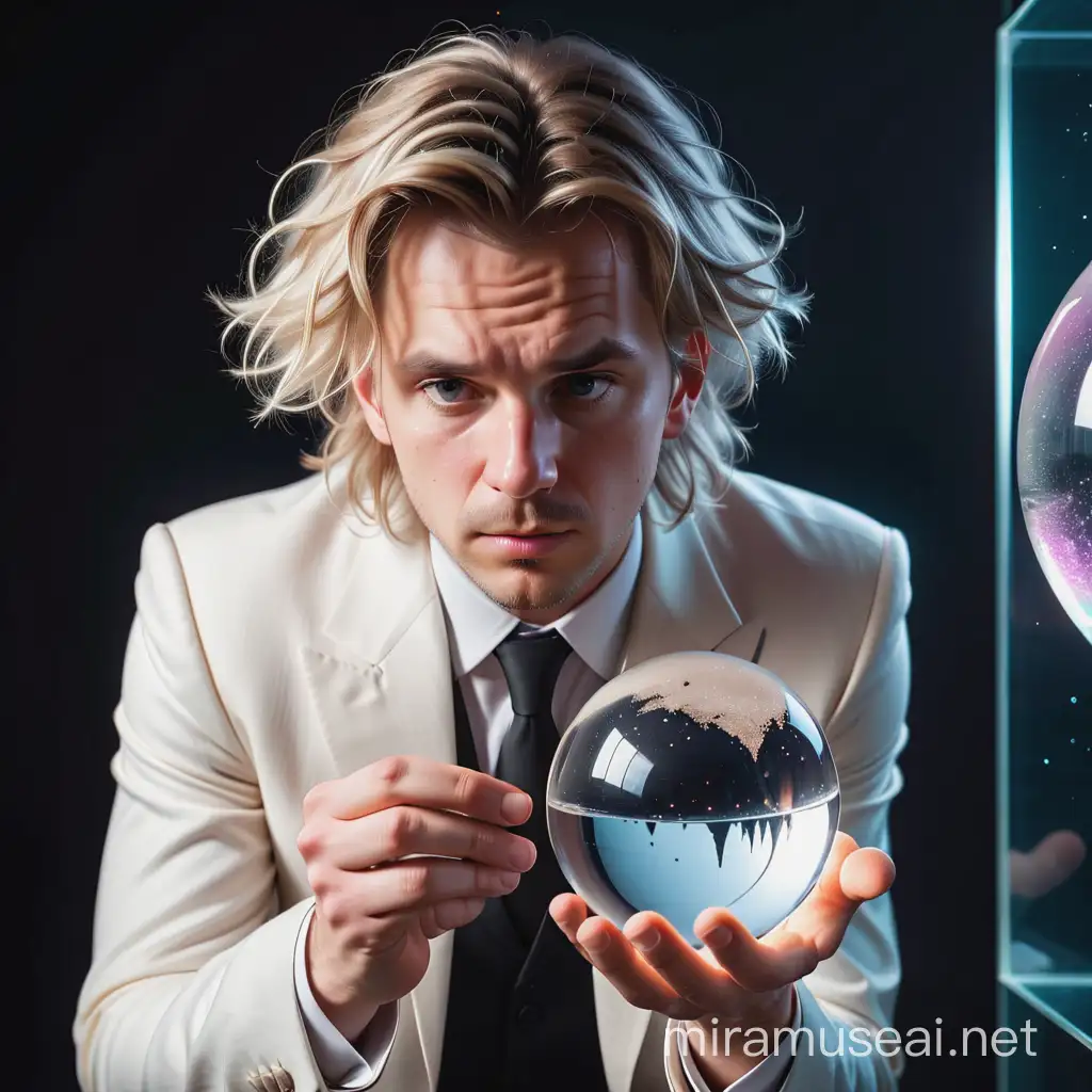 Concerned Businessman Examining World in Crystal Ball