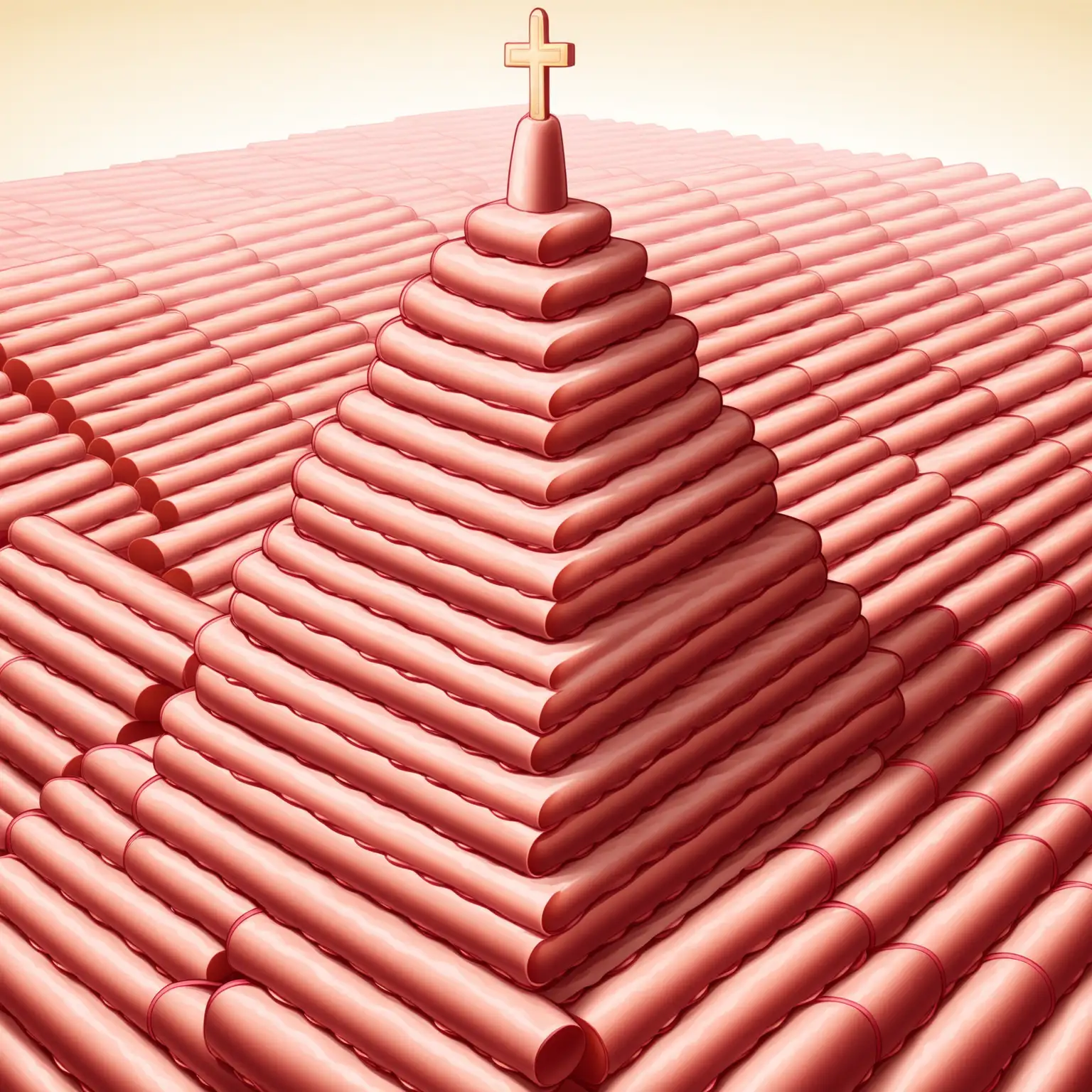 Whimsical Cartoon Church Constructed from Stacked and Folded Bologna