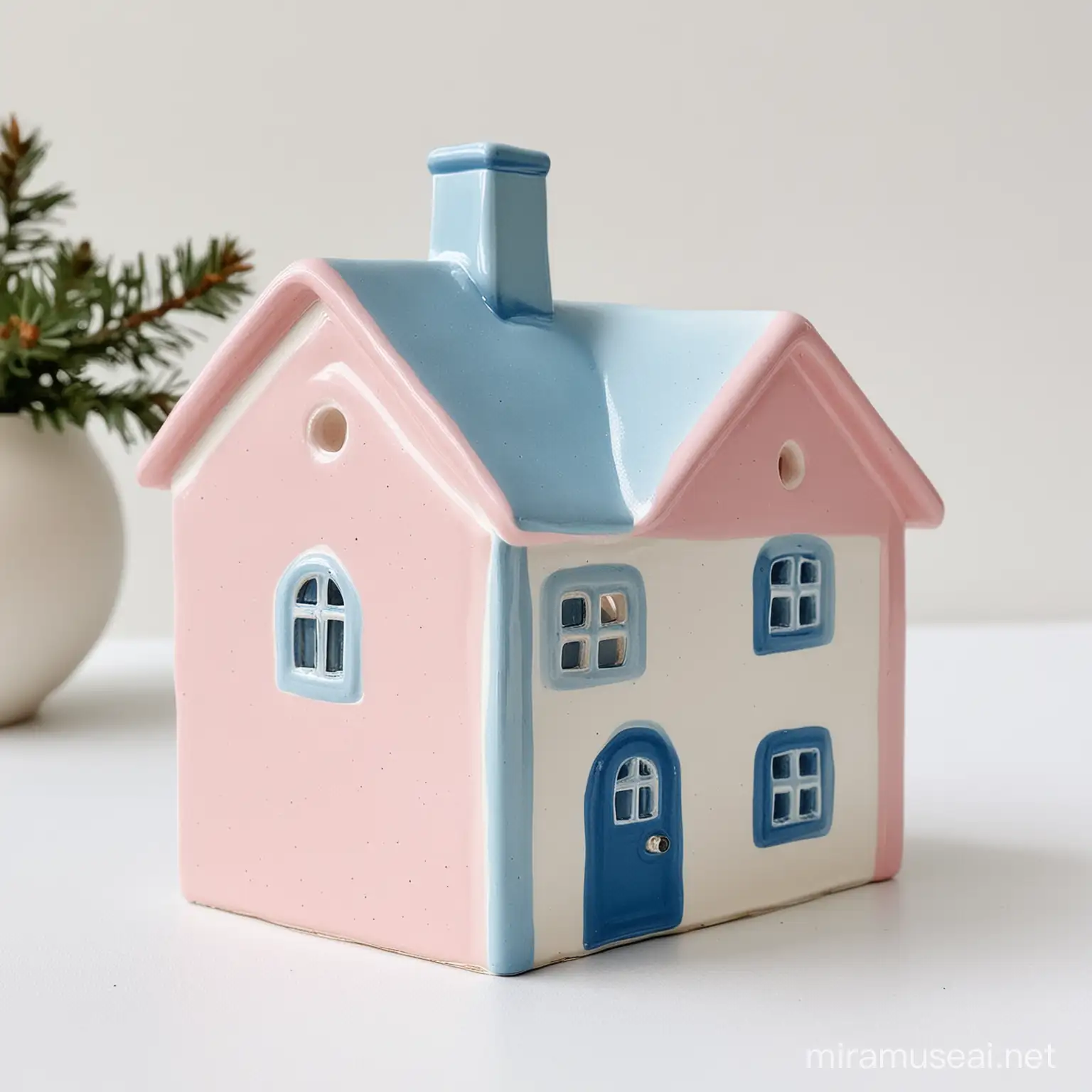 Whimsical Pink and Blue Christmas Ceramic House on White Background