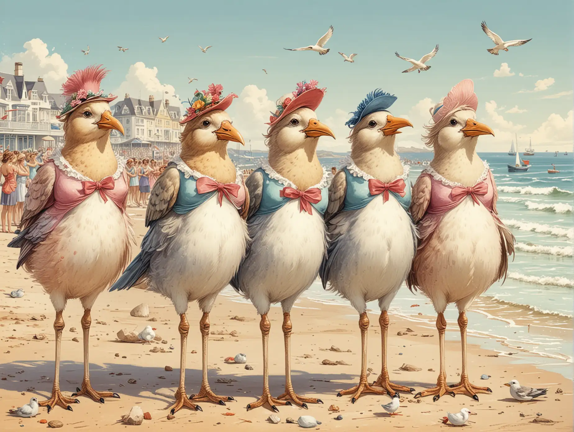 illustration of dolly birds in a beauty contest at the seaside, british seaside humour style illustration