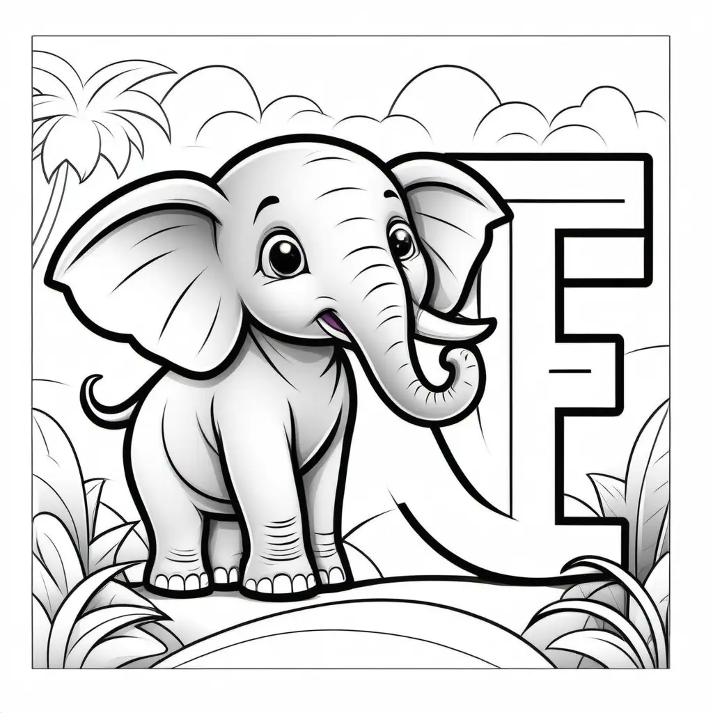 coloring book for kids, letter E with elephant, cartoon style, thick lines, low detail, no shading, -- ar, 9:11