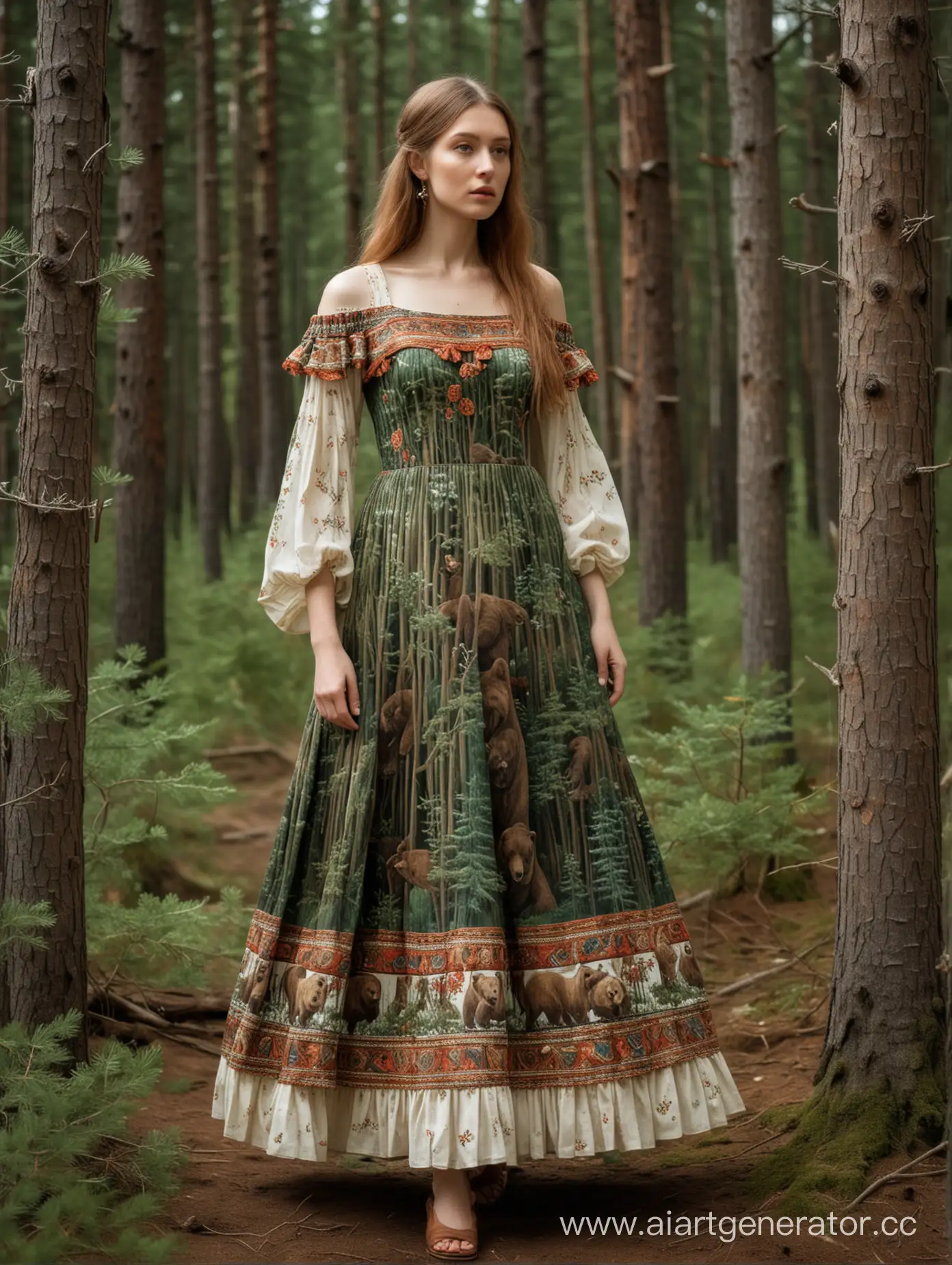 A model in a dress inspired by Vasnetsov's painting of a Bear in a pine forest