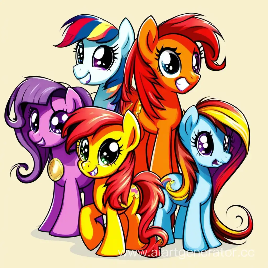 Colorful-Cartoon-Ponies-Vibrant-Red-Orange-and-Yellow-Tones