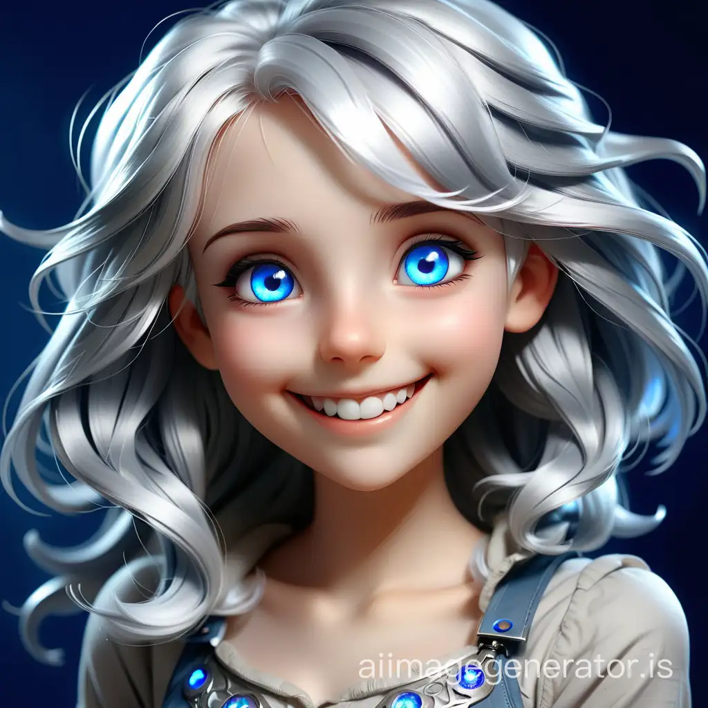 A beautiful girl with silver hair and blue empty eyes, smiling from the bottom of her heart
