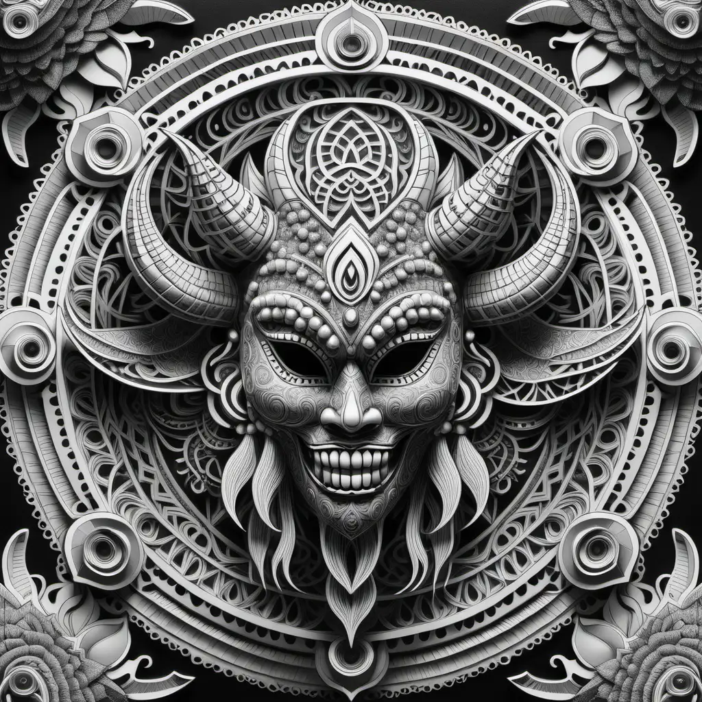 Detailed Black and White 3D Mandala Portrait with Diablos Danzantes Mask