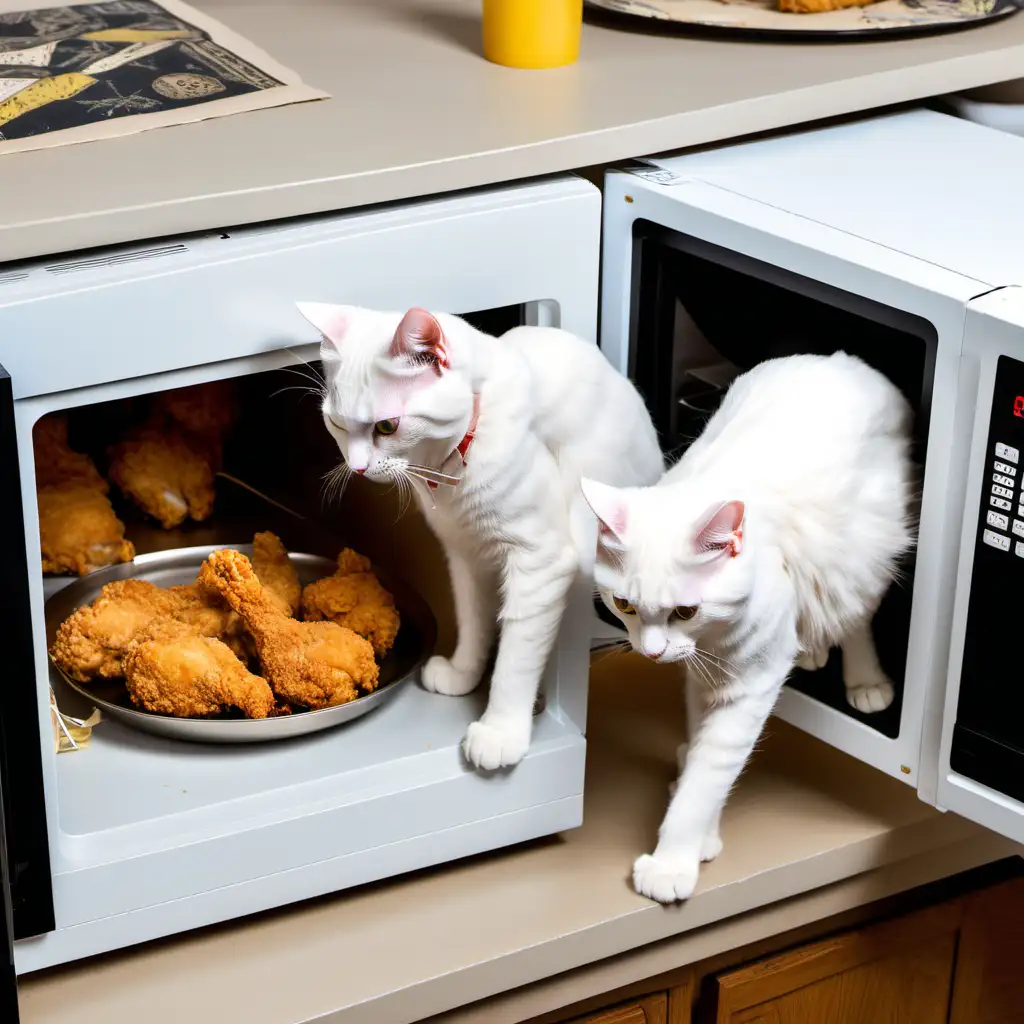 2 white cats eating fried chicken from a microwave