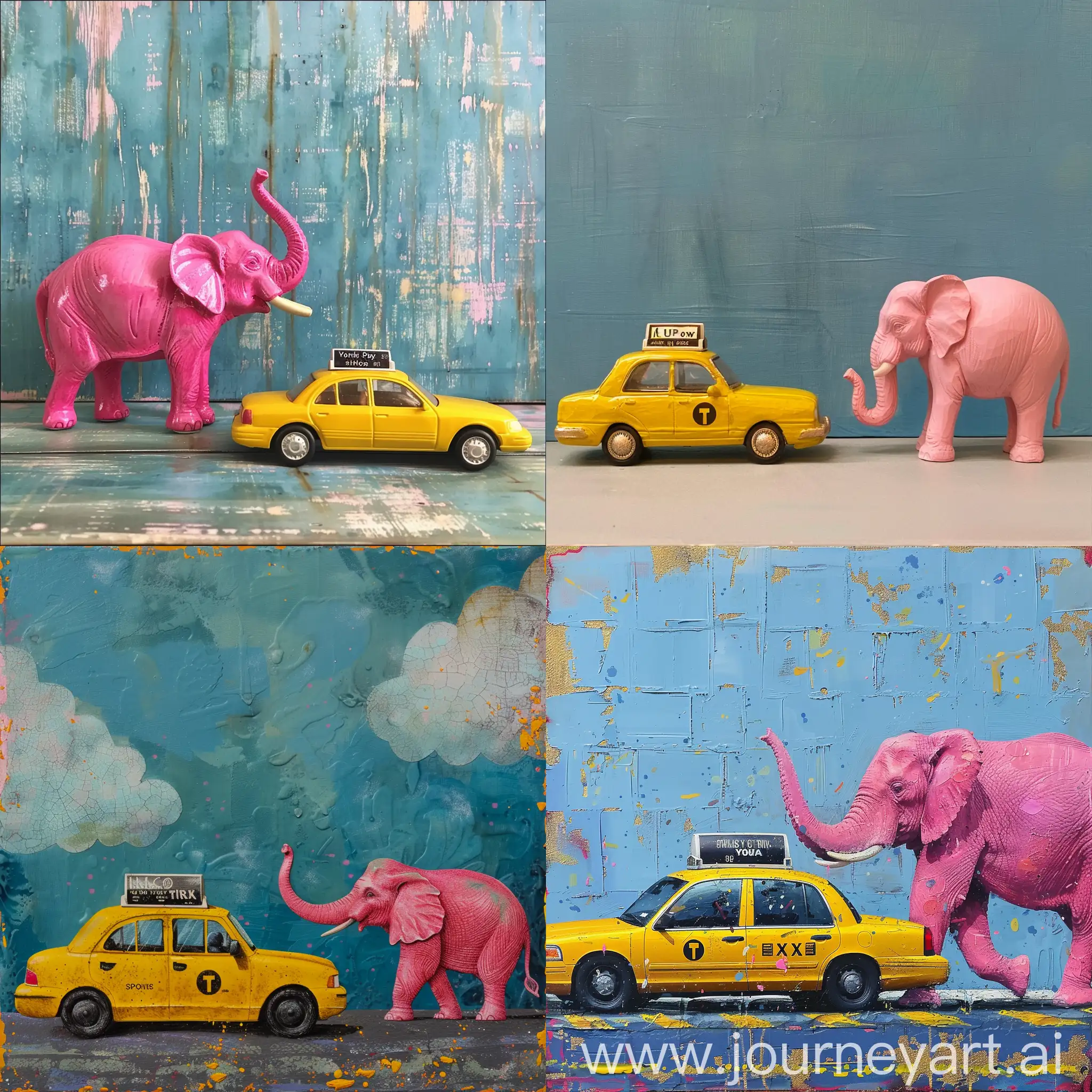 Colorful-Taxi-Passing-by-a-Playful-Pink-Elephant