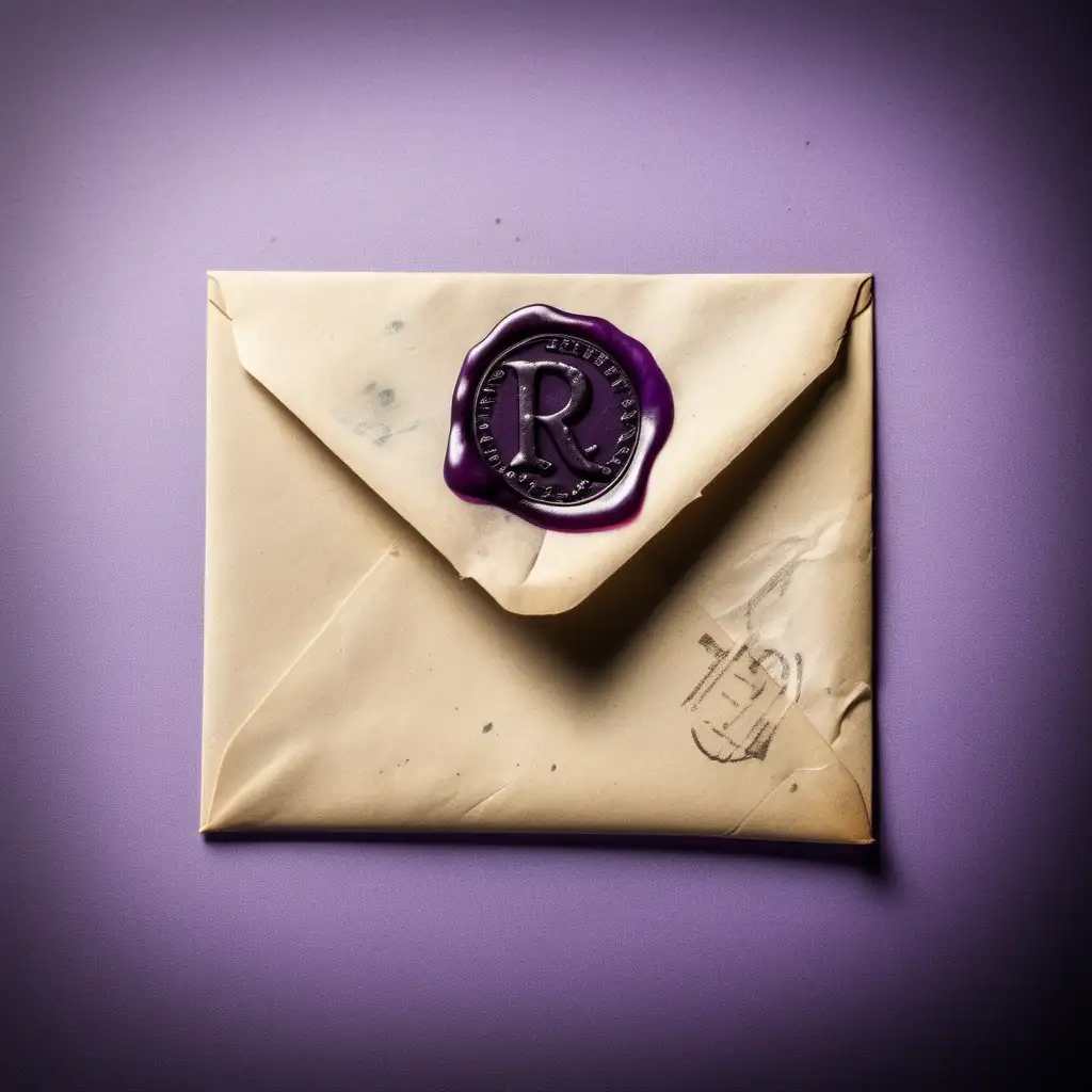 old envelope with purple wax seal with letter R on it