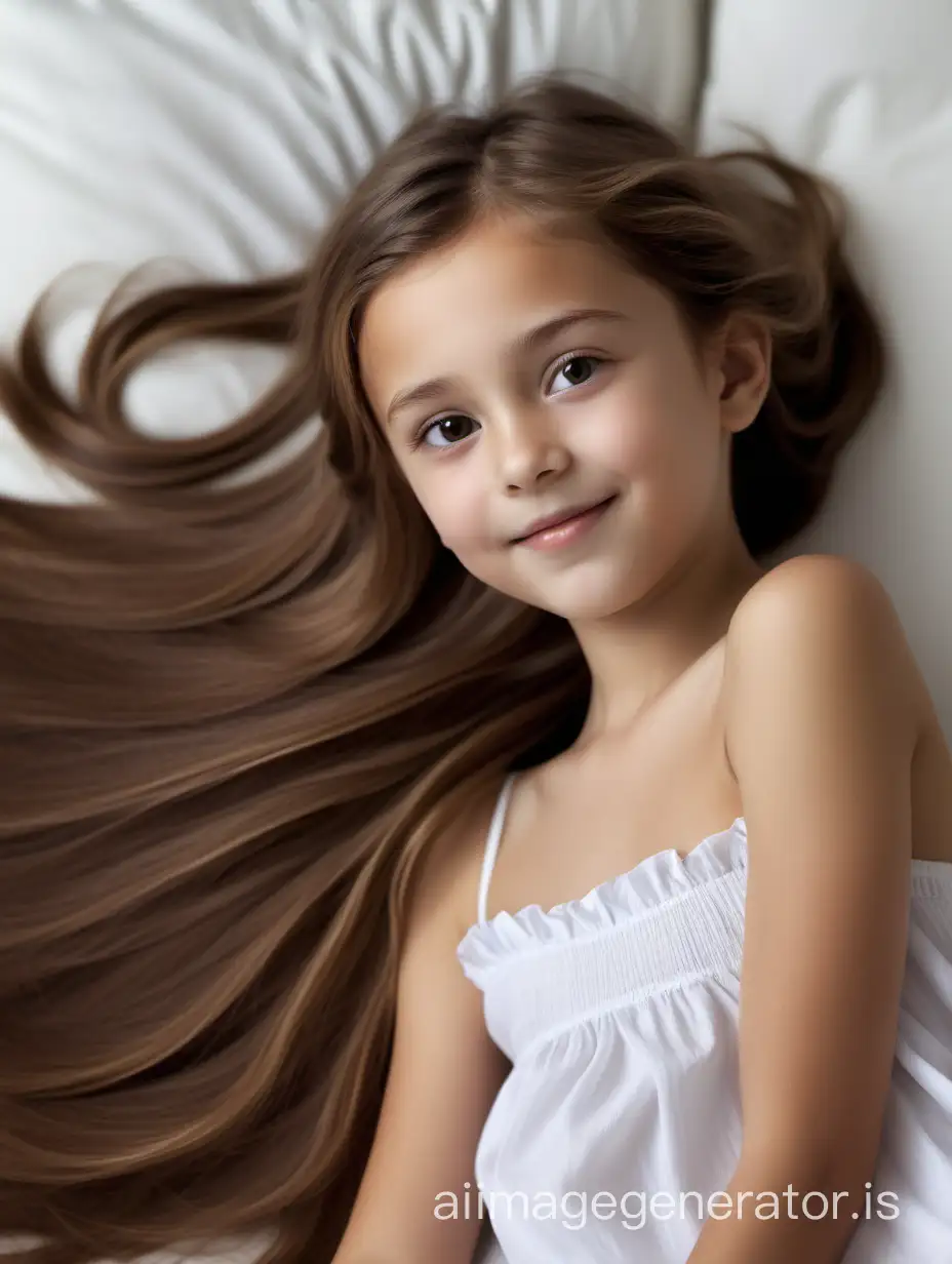This 10-year-old girl has a slender body with graceful proportions. She has a round head with soft facial features. Her round eyes, hazel in color, radiate joy and curiosity. Her small nose is slightly upturned, giving her a friendly look. She has full, gentle lips that are often adorned with a cheerful smile. This girl's hair is long and thick, dark chestnut in color. It cascades down her back in soft waves, creating an elegant look. Her hair also has a natural shine and softness., 8K UHD, full body in image, She is lying on her back, with her back to the camera.