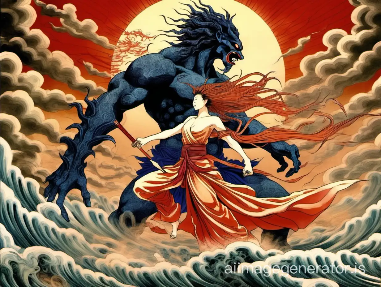 Japanese sun godess amateraus fight with the handsome war god os Susano