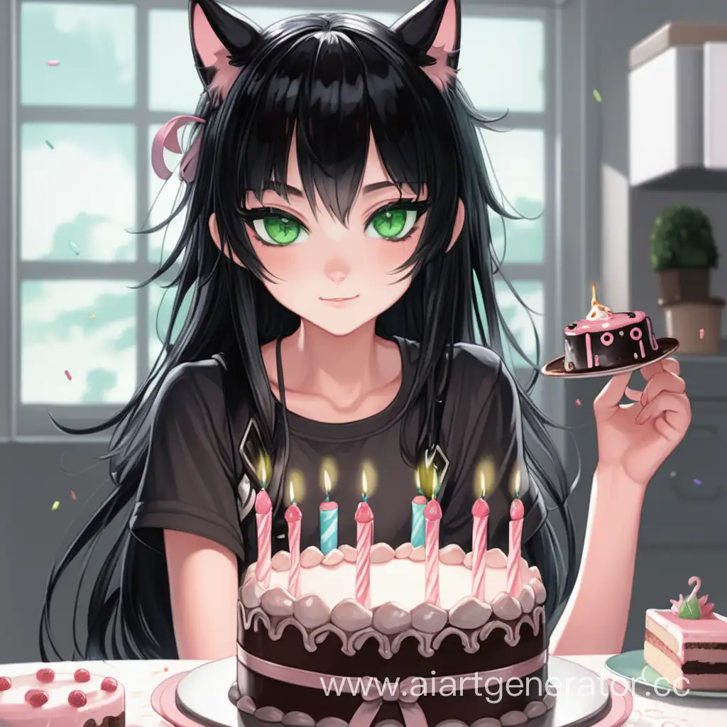 Catgirl, green eyes, black hair, birthday cake