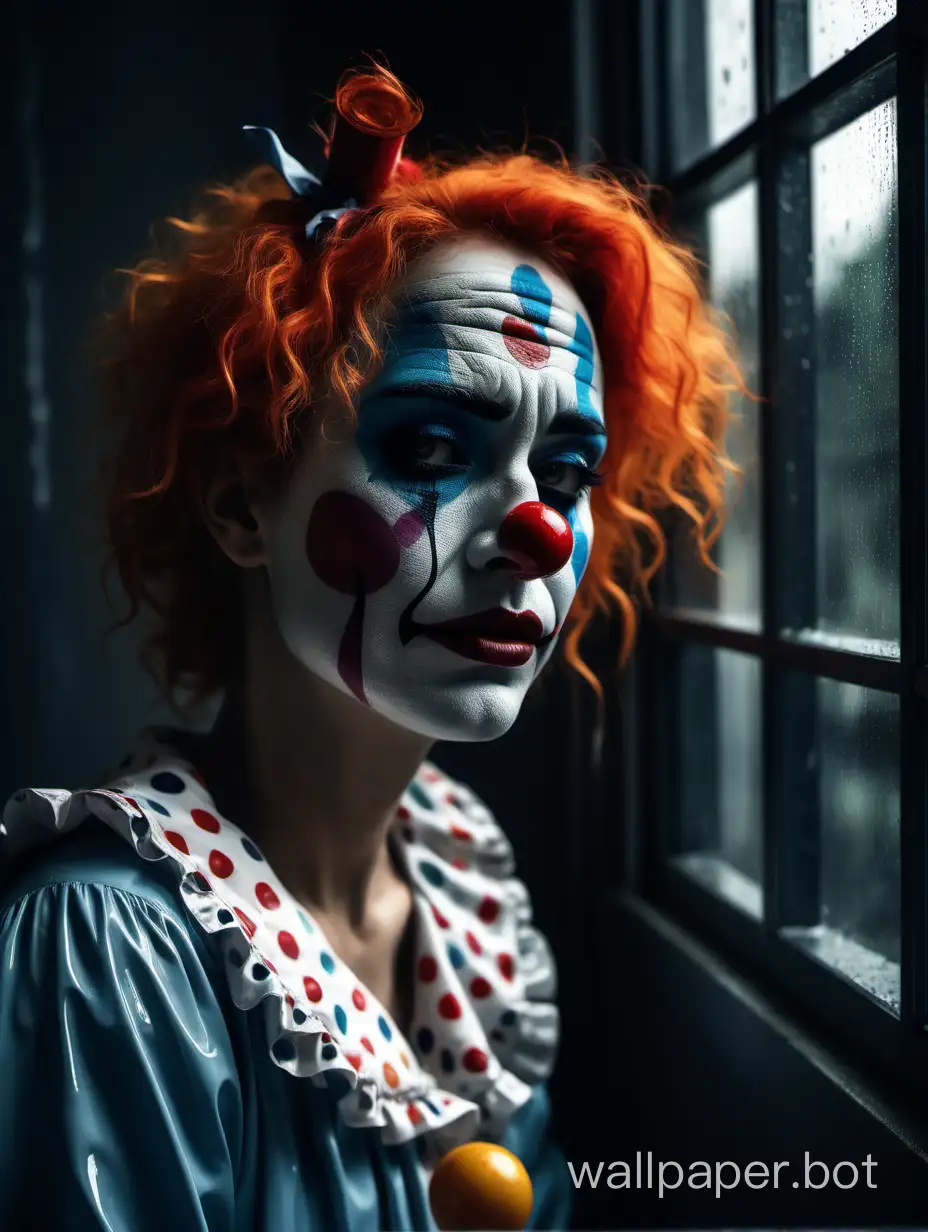 On a rainy day, a melancholic clown woman indoors by the dim window.